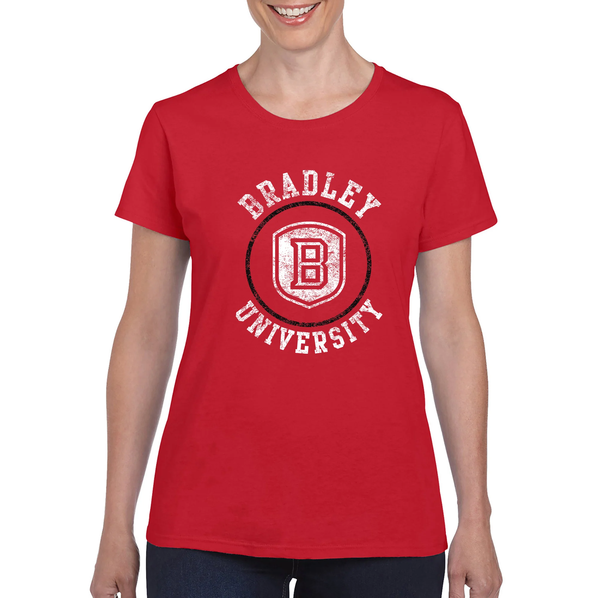 Bradley University Braves Distressed Circle Logo Basic Cotton Short Sleeve Women's T Shirt - Red - Image 3