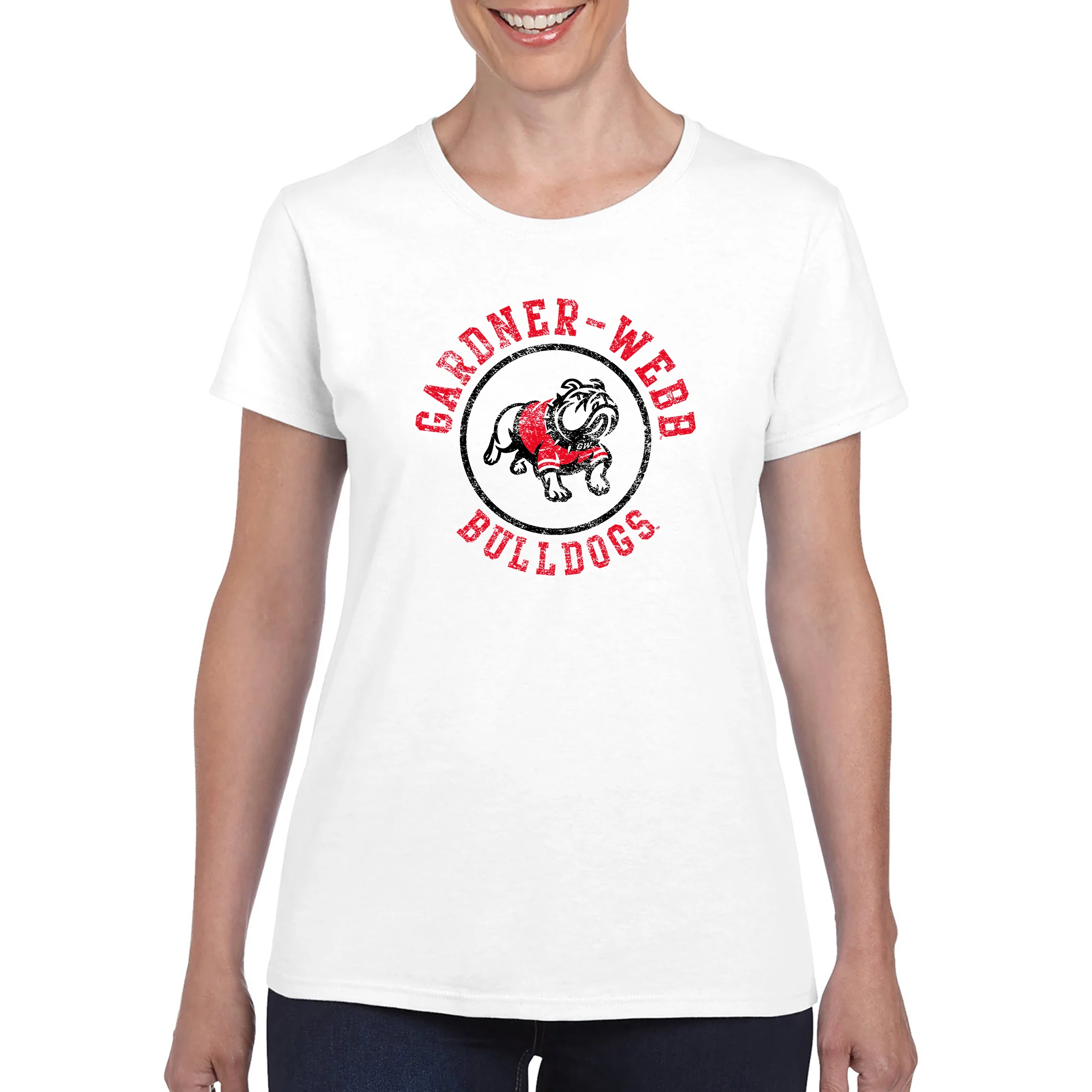 Gardner-Webb University Bulldogs Distressed Circle Logo Basic Cotton Short Sleeve Womens T Shirt - White - Image 3