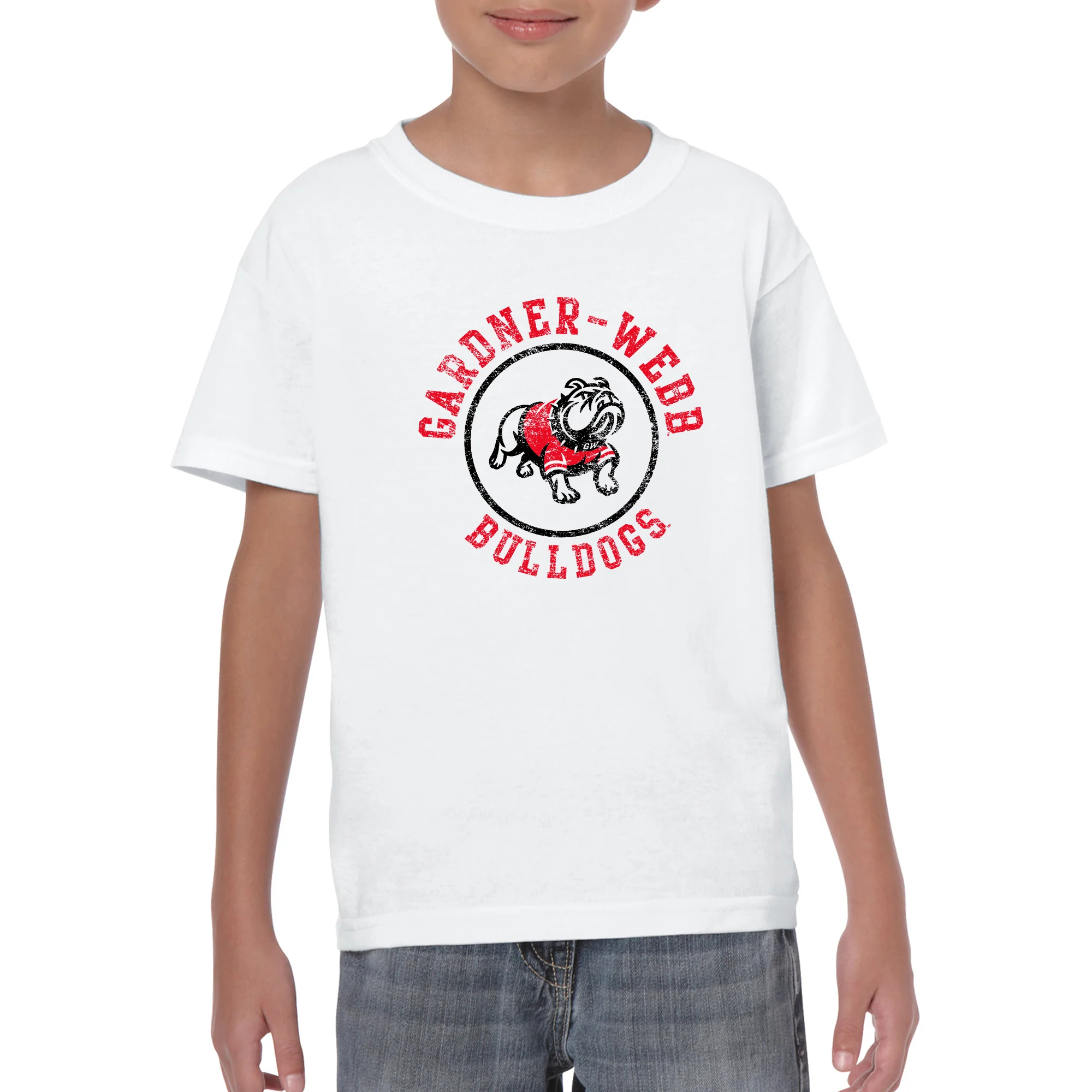 Gardner-Webb University Bulldogs Distressed Circle Logo Basic Cotton Short Sleeve Youth T Shirt - White - Image 3