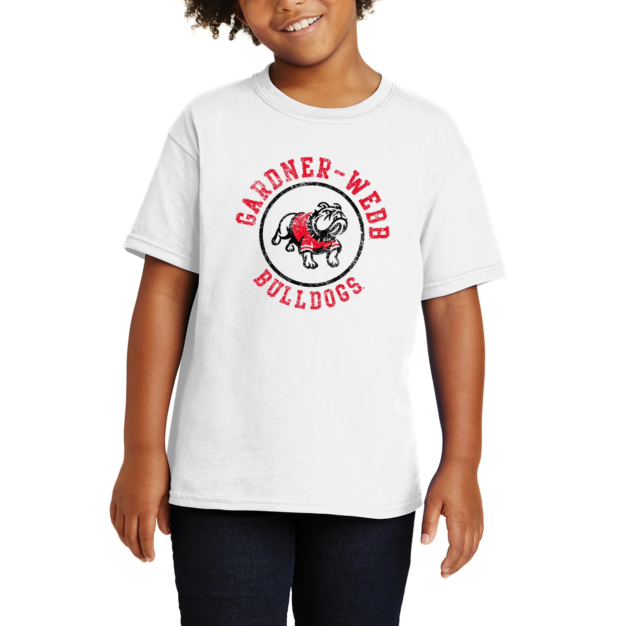 Gardner-Webb University Bulldogs Distressed Circle Logo Basic Cotton Short Sleeve Youth T Shirt - White - Image 4