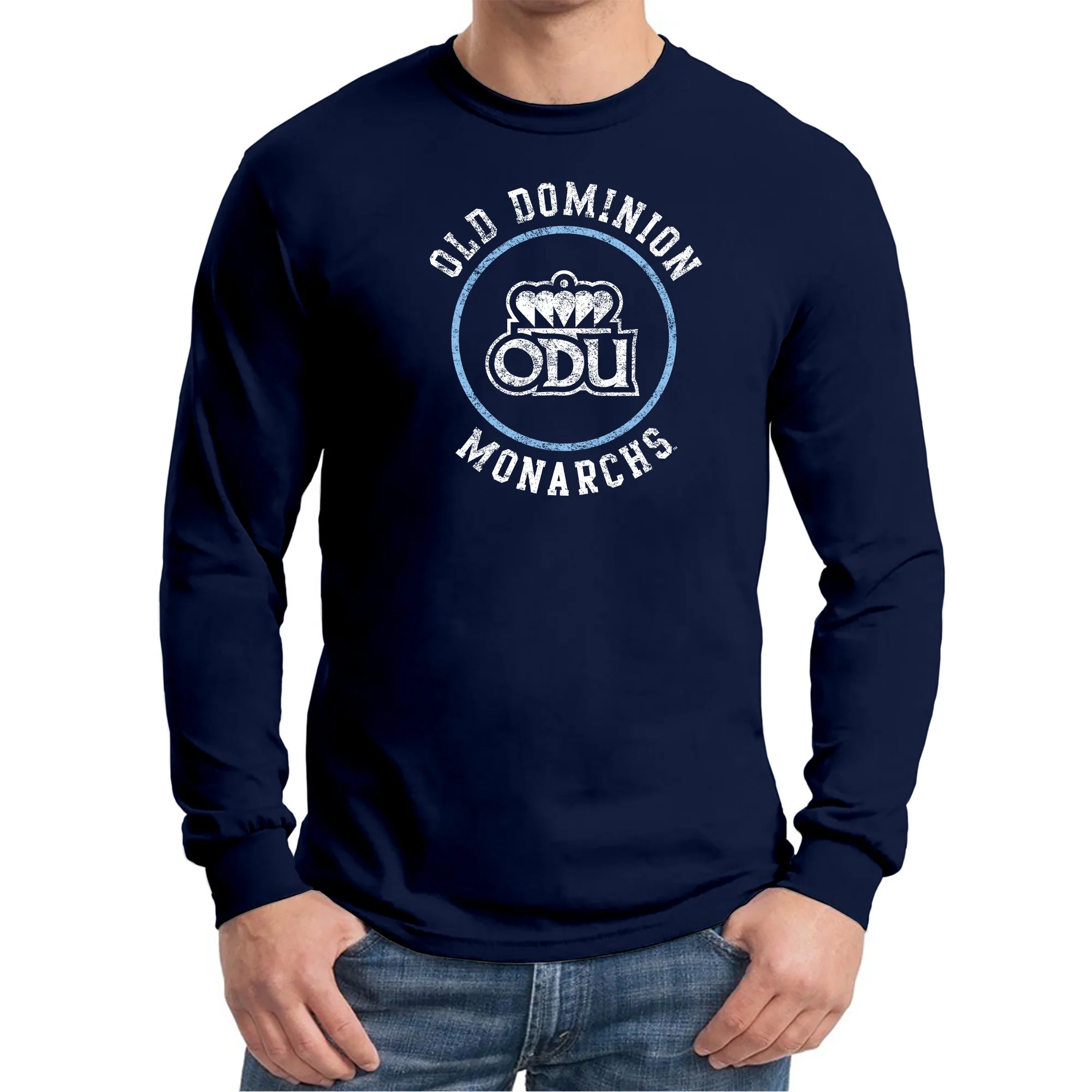 Old Dominion University Monarchs Distressed Circle Logo Heavy Cotton Long Sleeve - Navy - Image 4