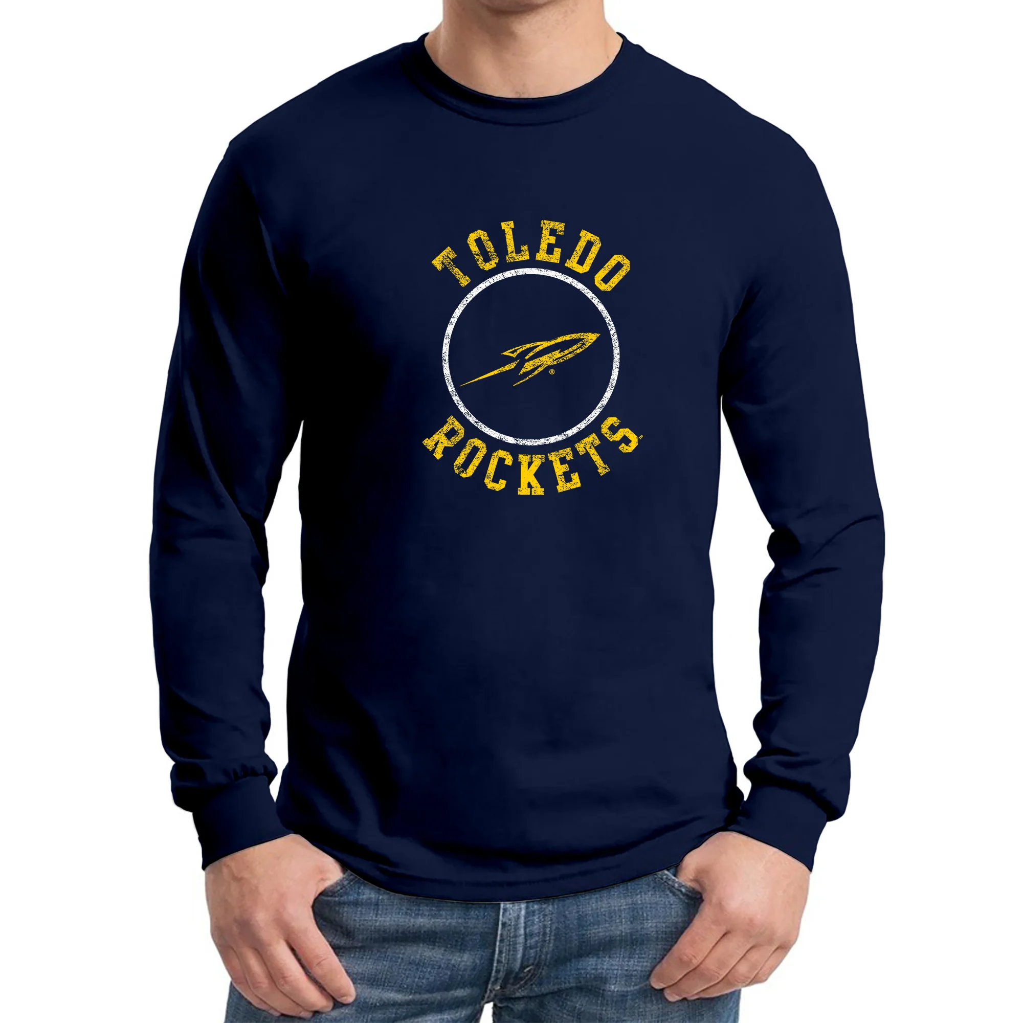 University of Toledo Rockets Distressed Circle Logo Heavy Cotton Long Sleeve T Shirt - Navy - Image 3