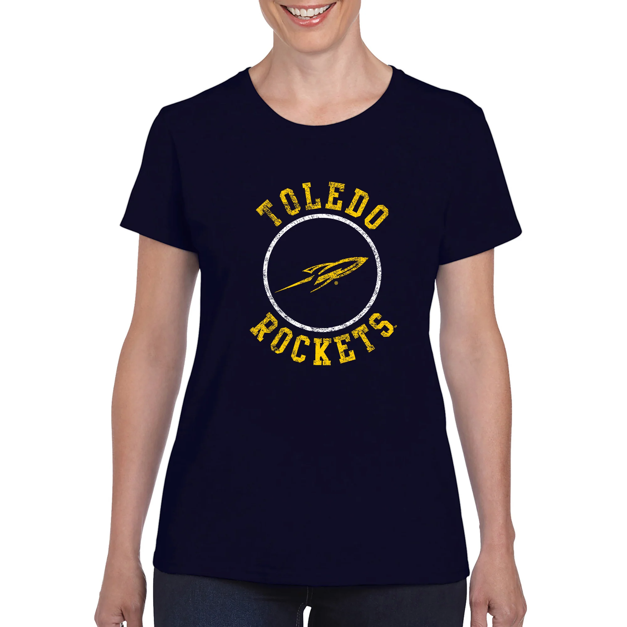 University of Toledo Rockets Distressed Circle Logo Heavy Cotton Short Sleeve Womens T Shirt - Navy - Image 3