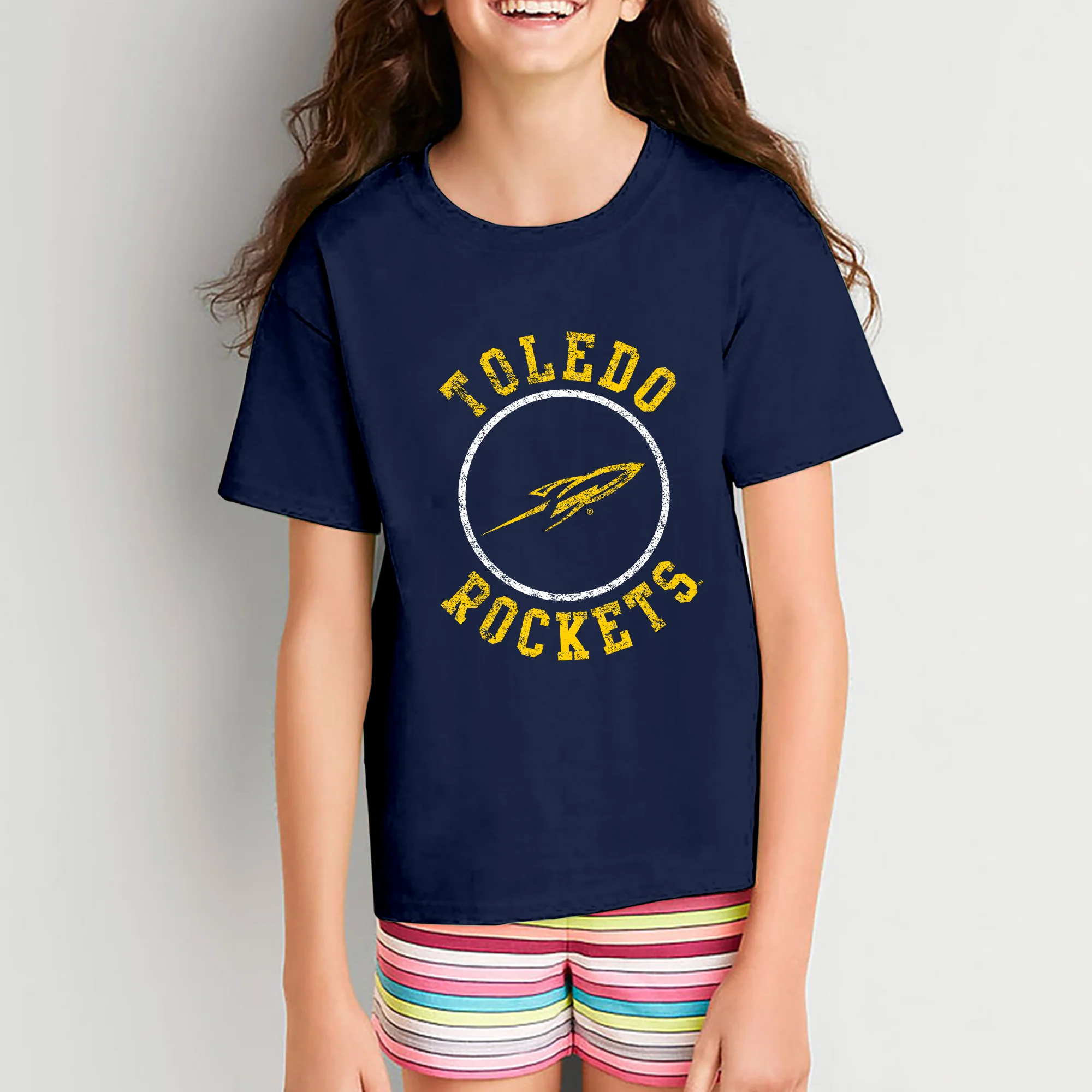 University of Toledo Rockets Distressed Circle Logo Heavy Cotton Short Sleeve Youth T Shirt - Navy - Image 4