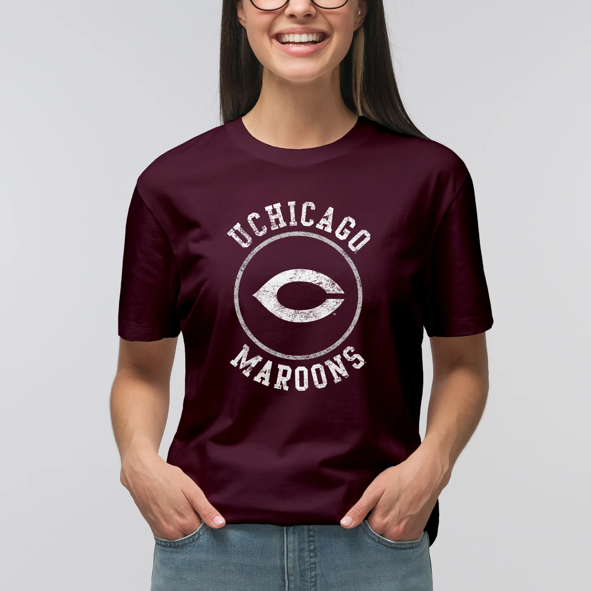 University of Chicago Maroons Distressed Circle Logo Basic Cotton Short Sleeve T Shirt - Maroon - Image 4