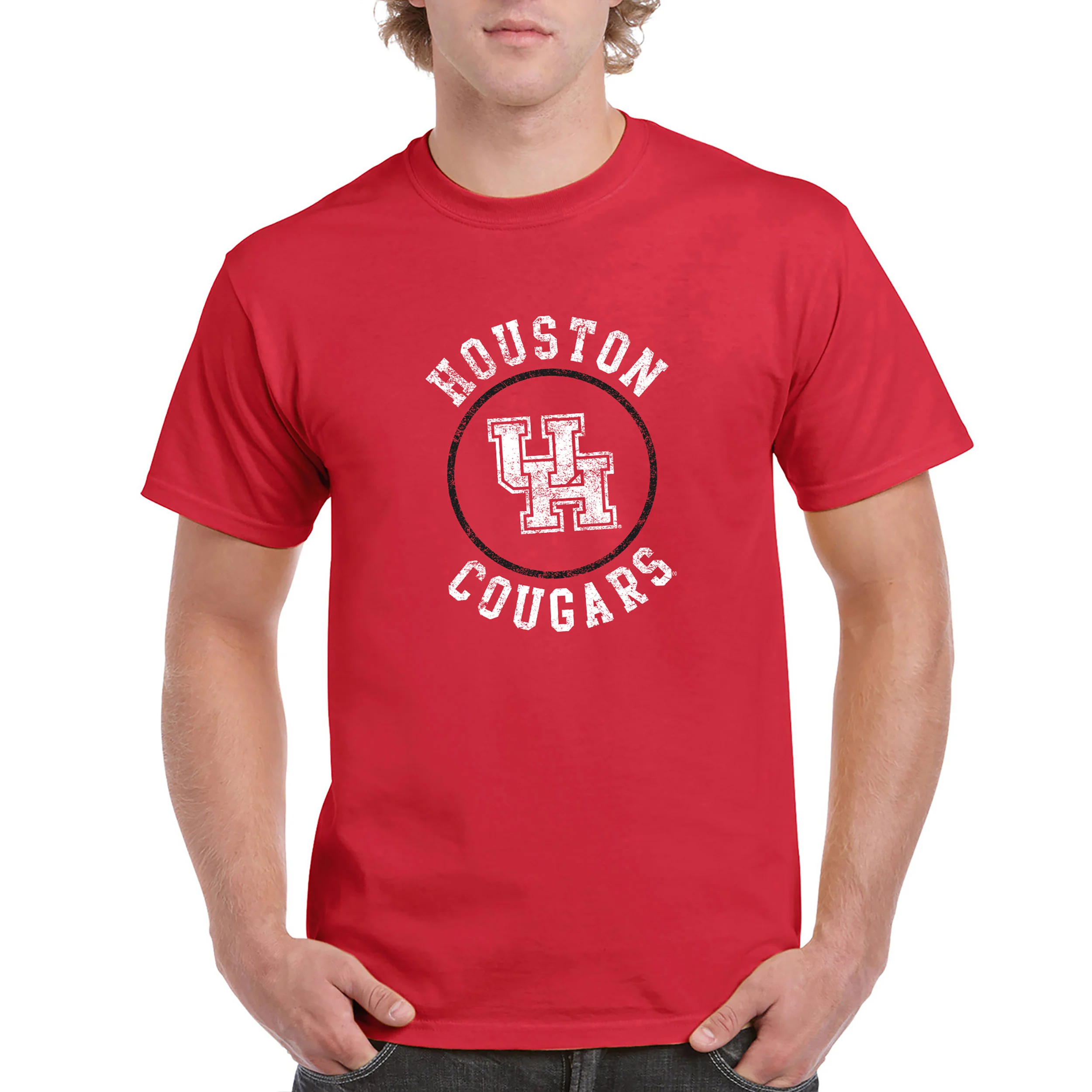 University of Houston Cougars Distressed Circle Logo Basic Cotton Short Sleeve T Shirt - Red - Image 4