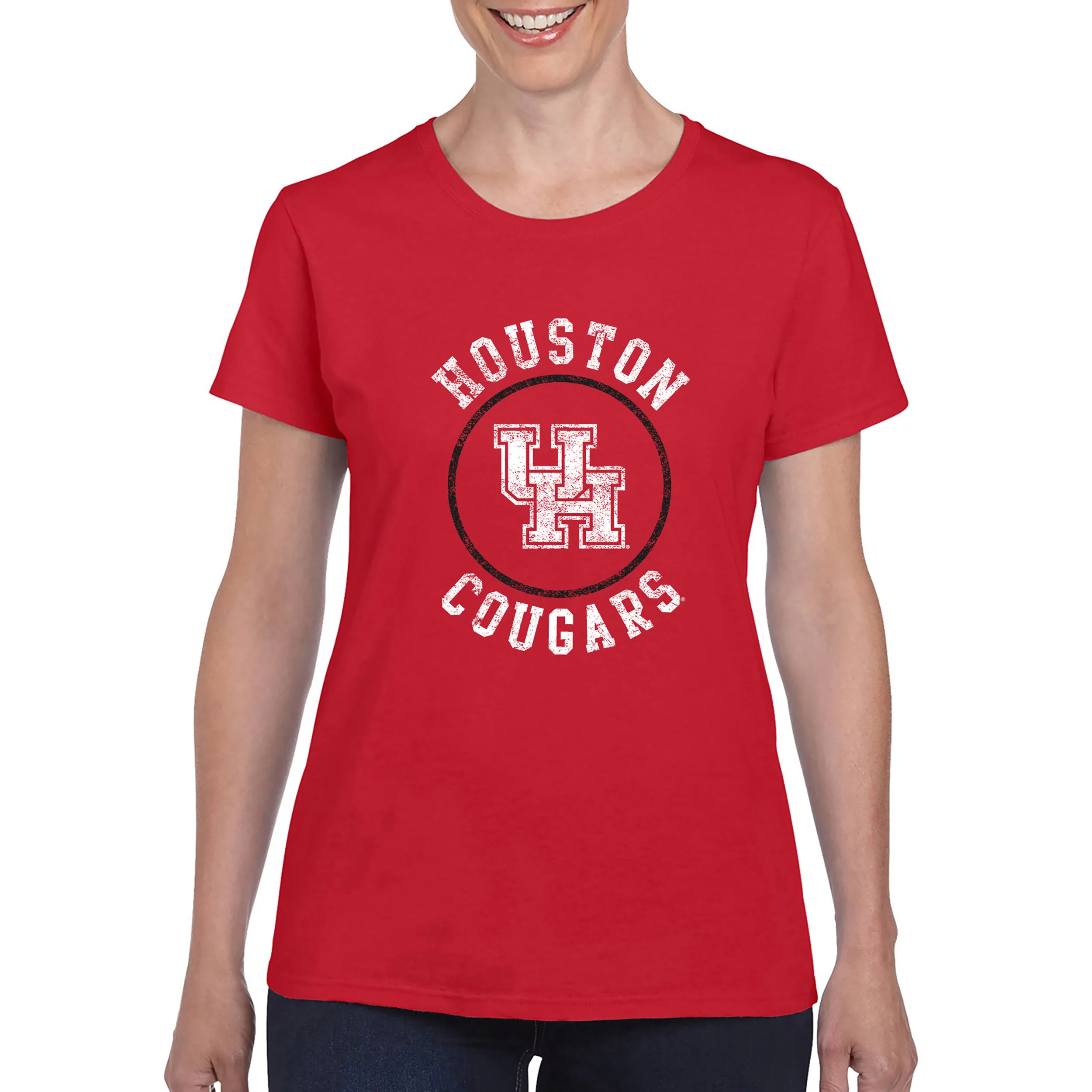University of Houston Cougars Distressed Circle Logo Basic Cotton Short Sleeve Women's T Shirt - Red - Image 4