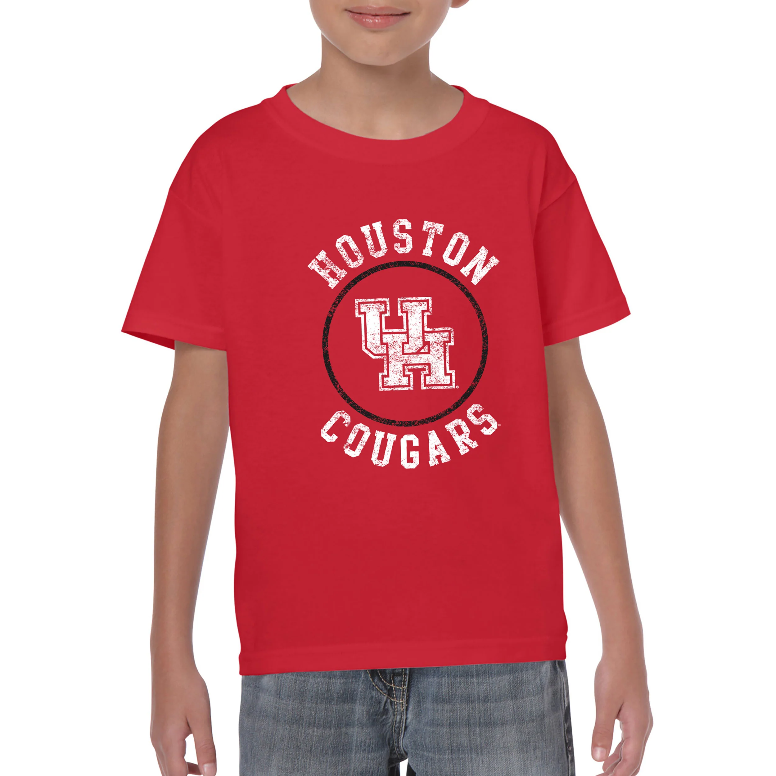 University of Houston Cougars Distressed Circle Logo Heavy Cotton Short Sleeve Youth T Shirt - Red - Image 2