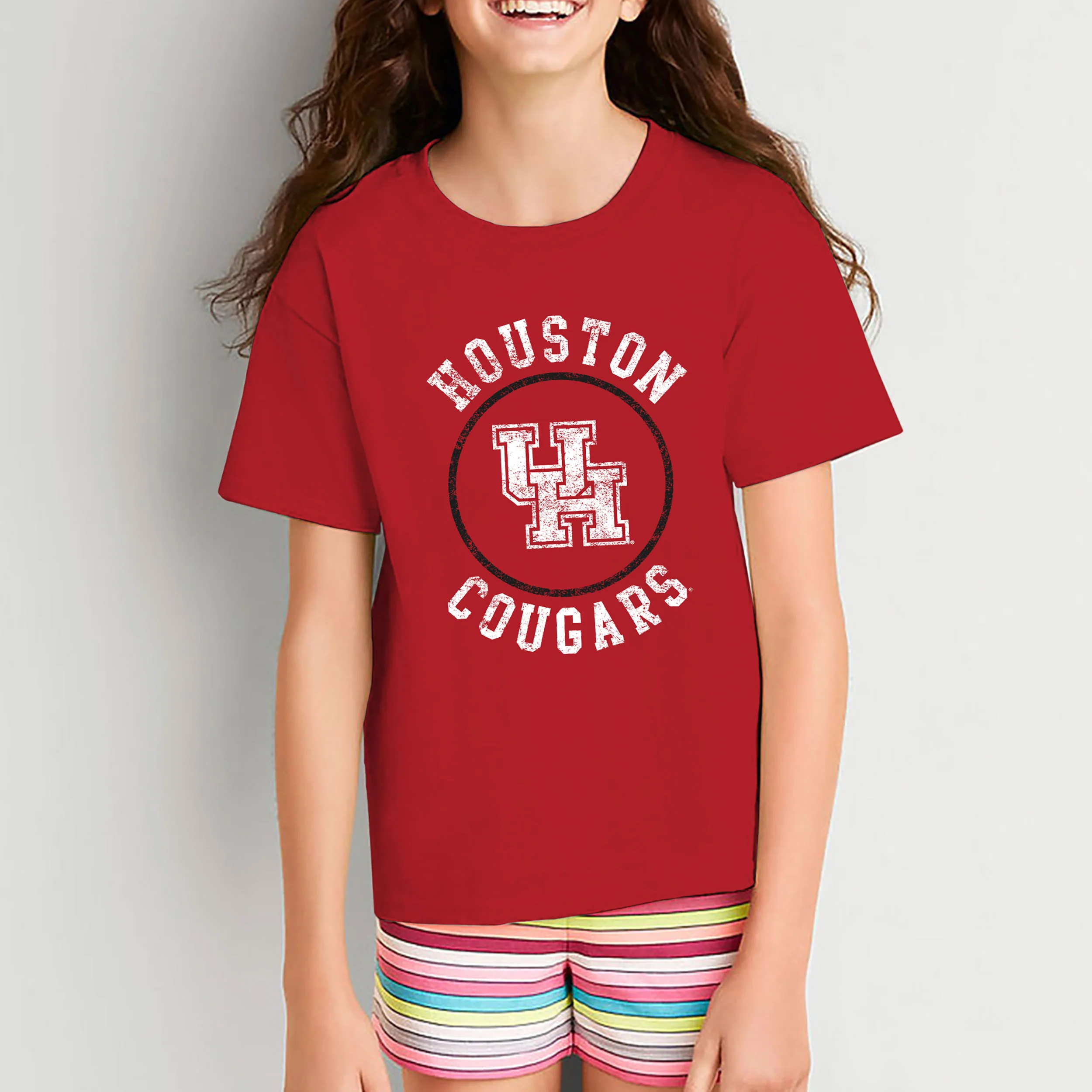 University of Houston Cougars Distressed Circle Logo Heavy Cotton Short Sleeve Youth T Shirt - Red - Image 5