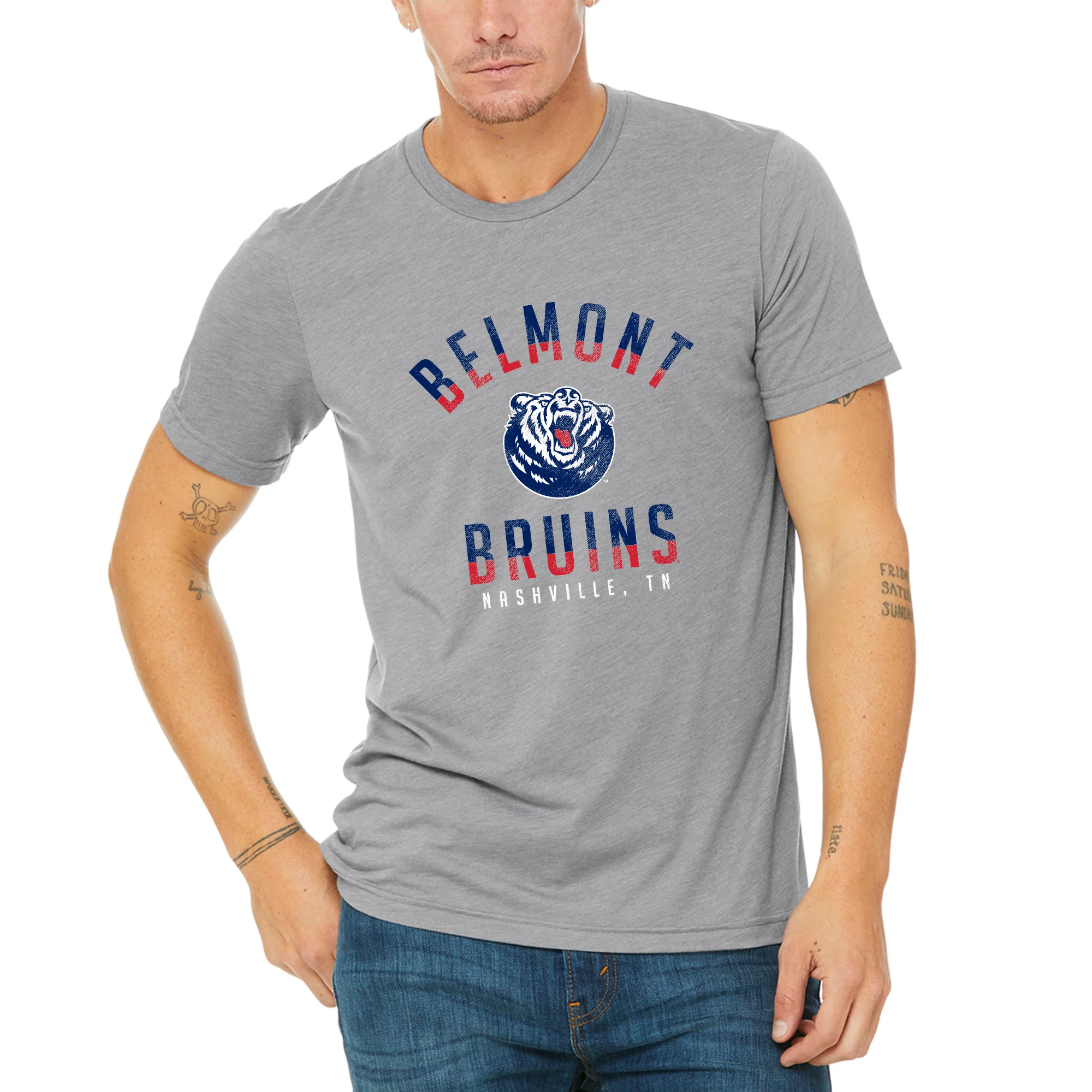 Belmont University Bruins Division Arch Canvas Triblend Short Sleeve T Shirt - Athletic Grey - Image 3