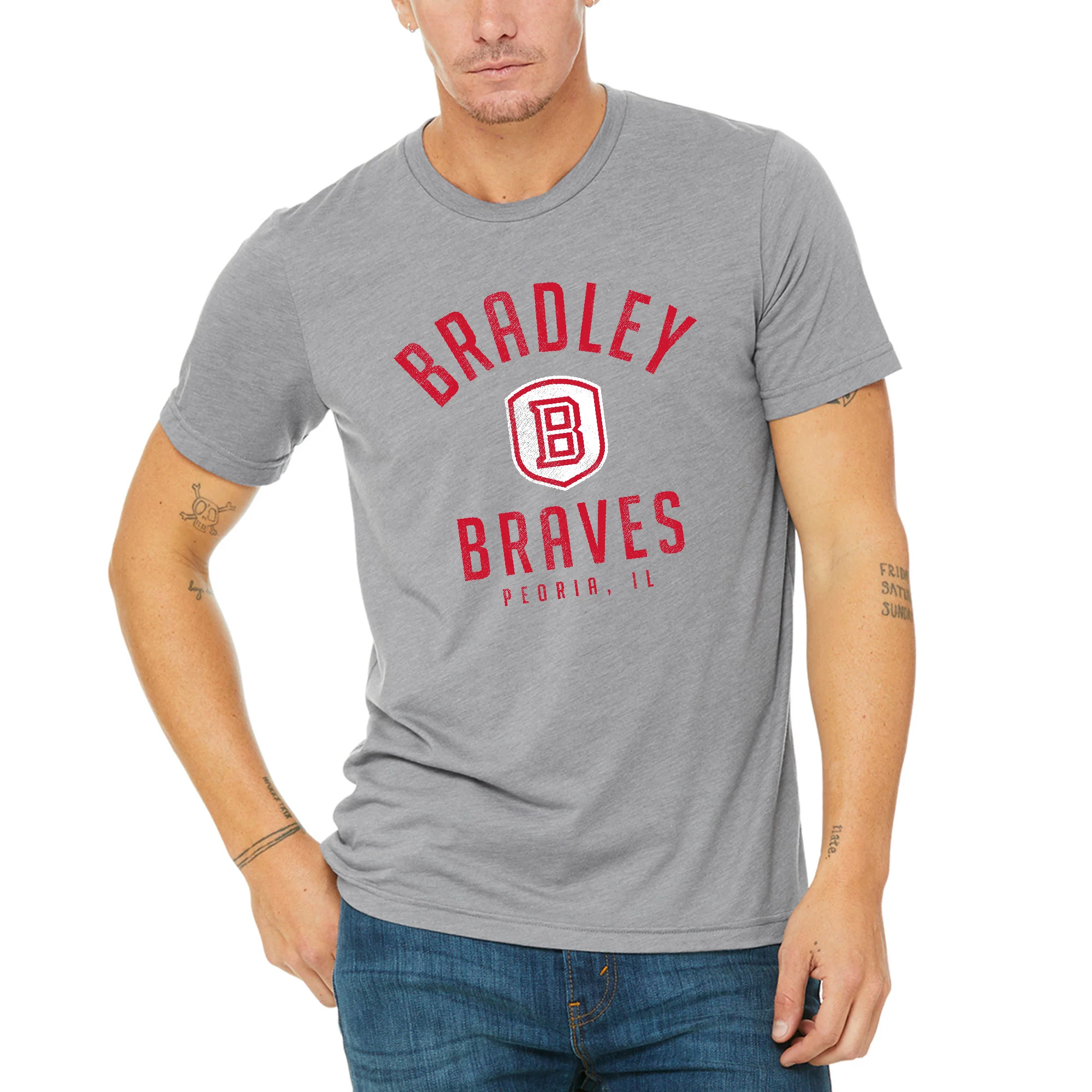 Bradley University Braves Division Arch Canvas Triblend Short Sleeve T Shirt - Athletic Grey - Image 3