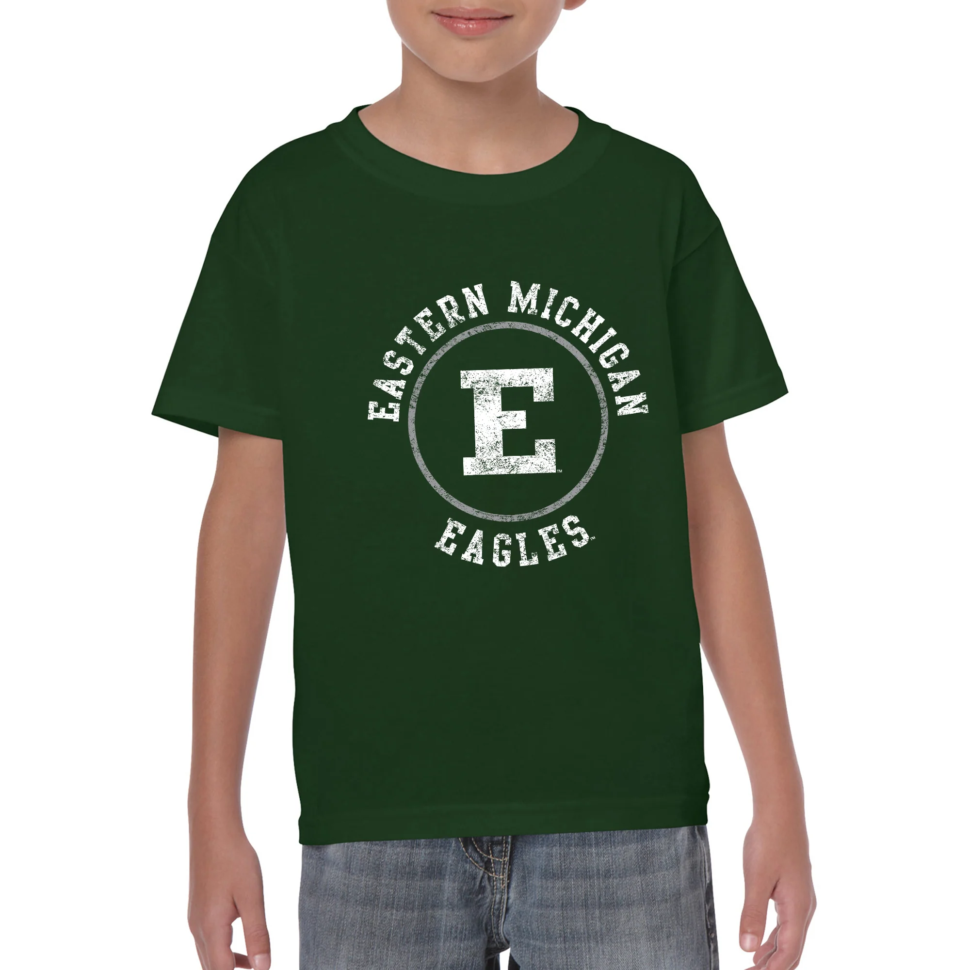 Eastern Michigan University Eagles Distressed Circle Logo Youth Short Sleeve T Shirt - Forest - Image 3