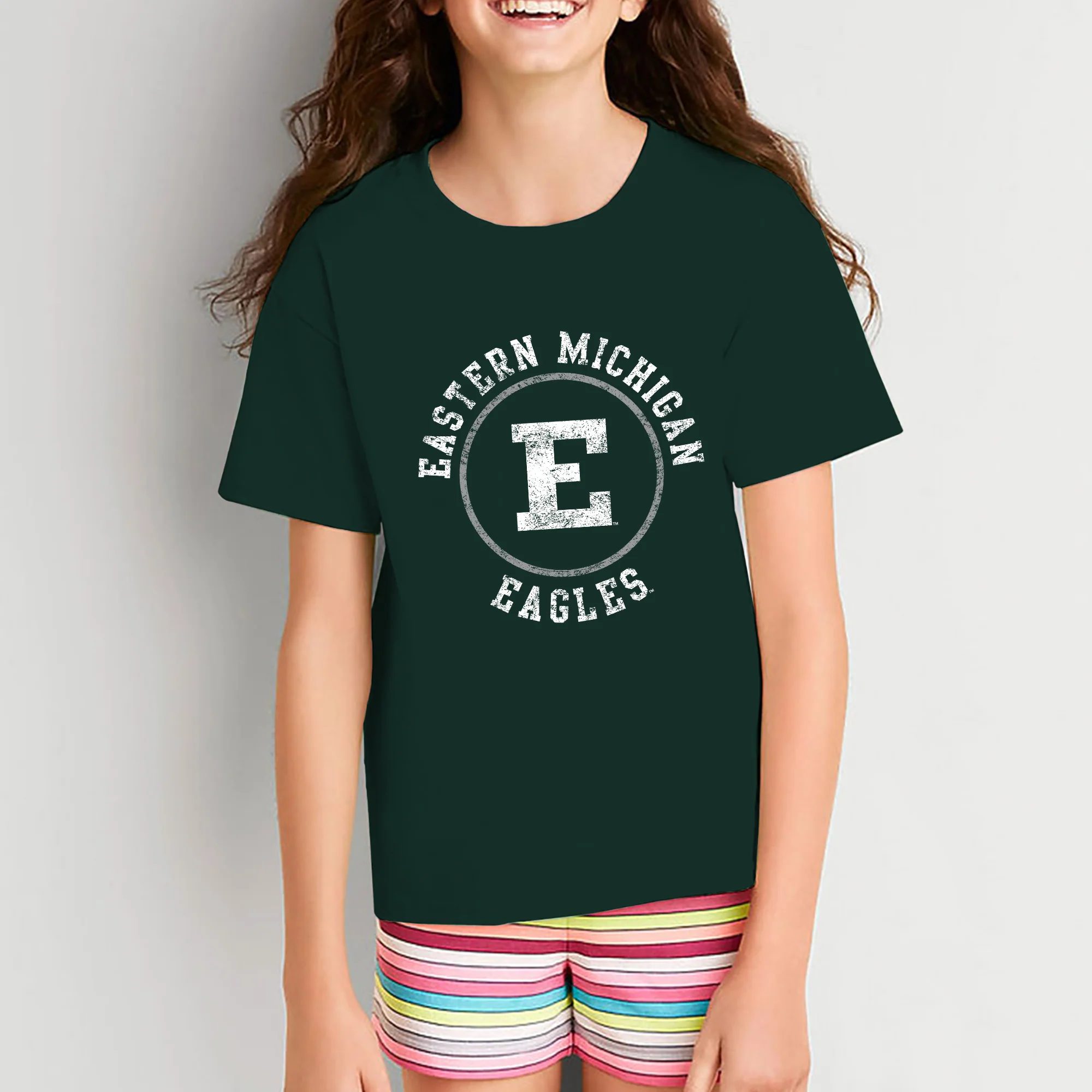 Eastern Michigan University Eagles Distressed Circle Logo Youth Short Sleeve T Shirt - Forest - Image 4