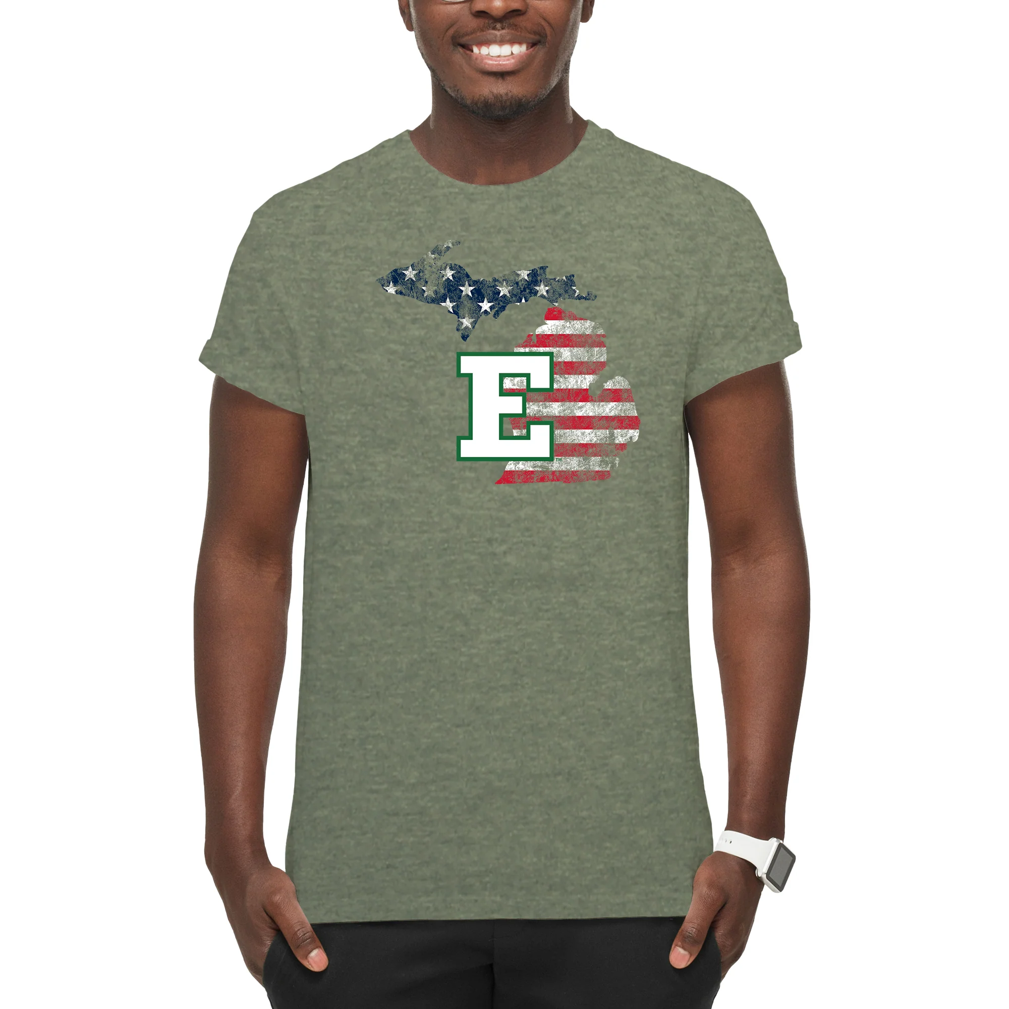 Eastern Michigan Patriotic State Silhouette T-Shirt - Heather Military - Image 3