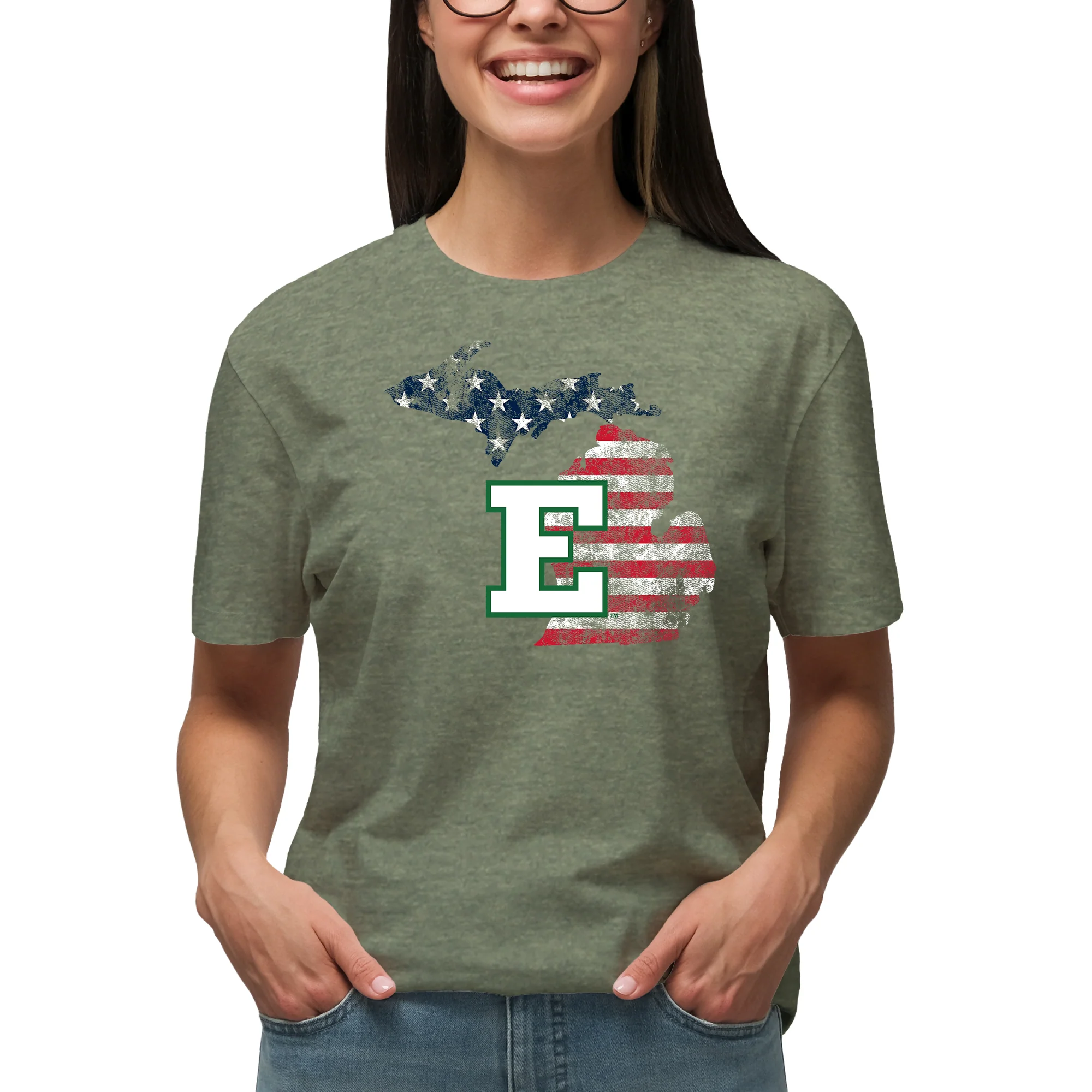 Eastern Michigan Patriotic State Silhouette T-Shirt - Heather Military - Image 4