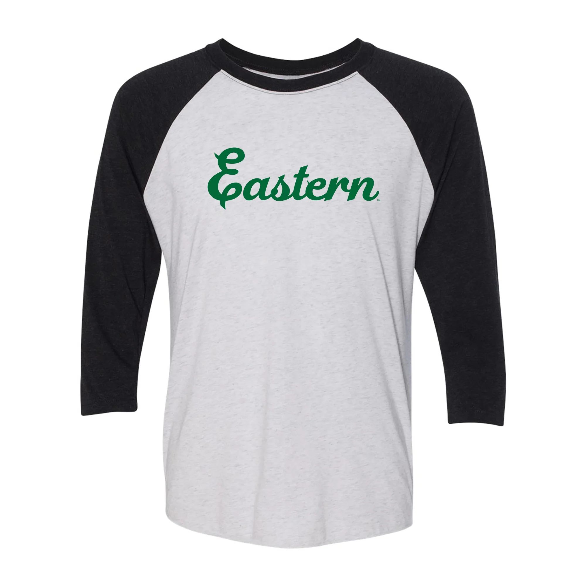 Eastern Michigan Script Logo Triblend 3/4 Sleeve Raglan - Heather White/Vintage Black
