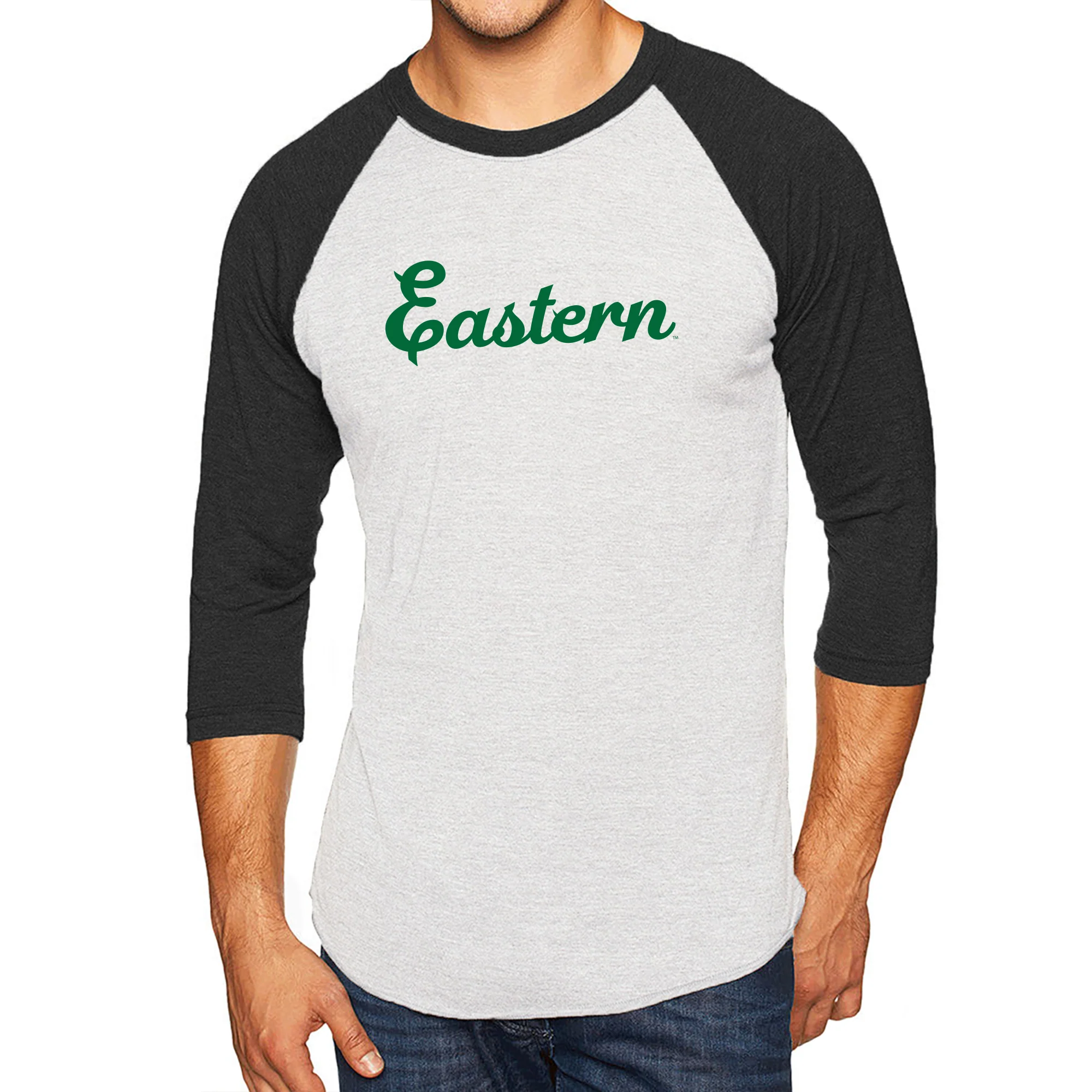 Eastern Michigan Script Logo Triblend 3/4 Sleeve Raglan - Heather White/Vintage Black - Image 3