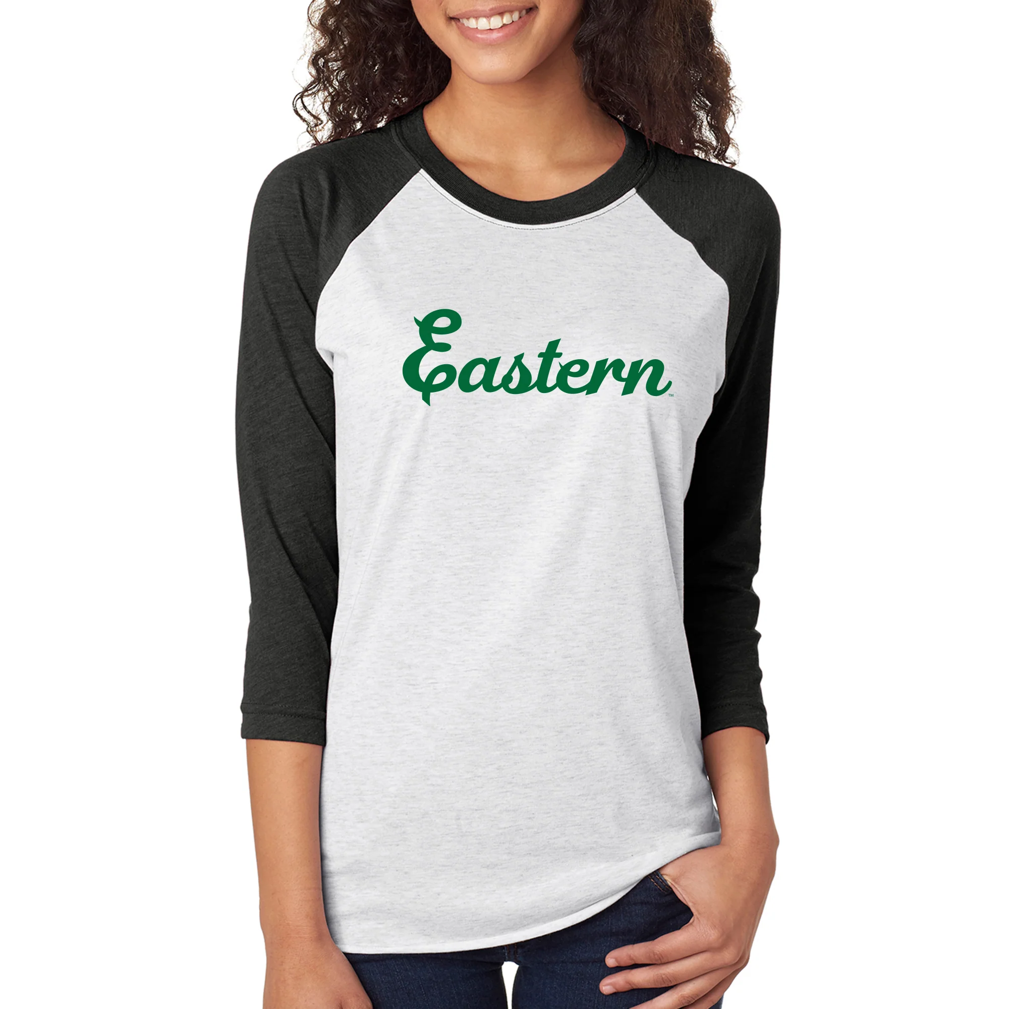 Eastern Michigan Script Logo Triblend 3/4 Sleeve Raglan - Heather White/Vintage Black - Image 4