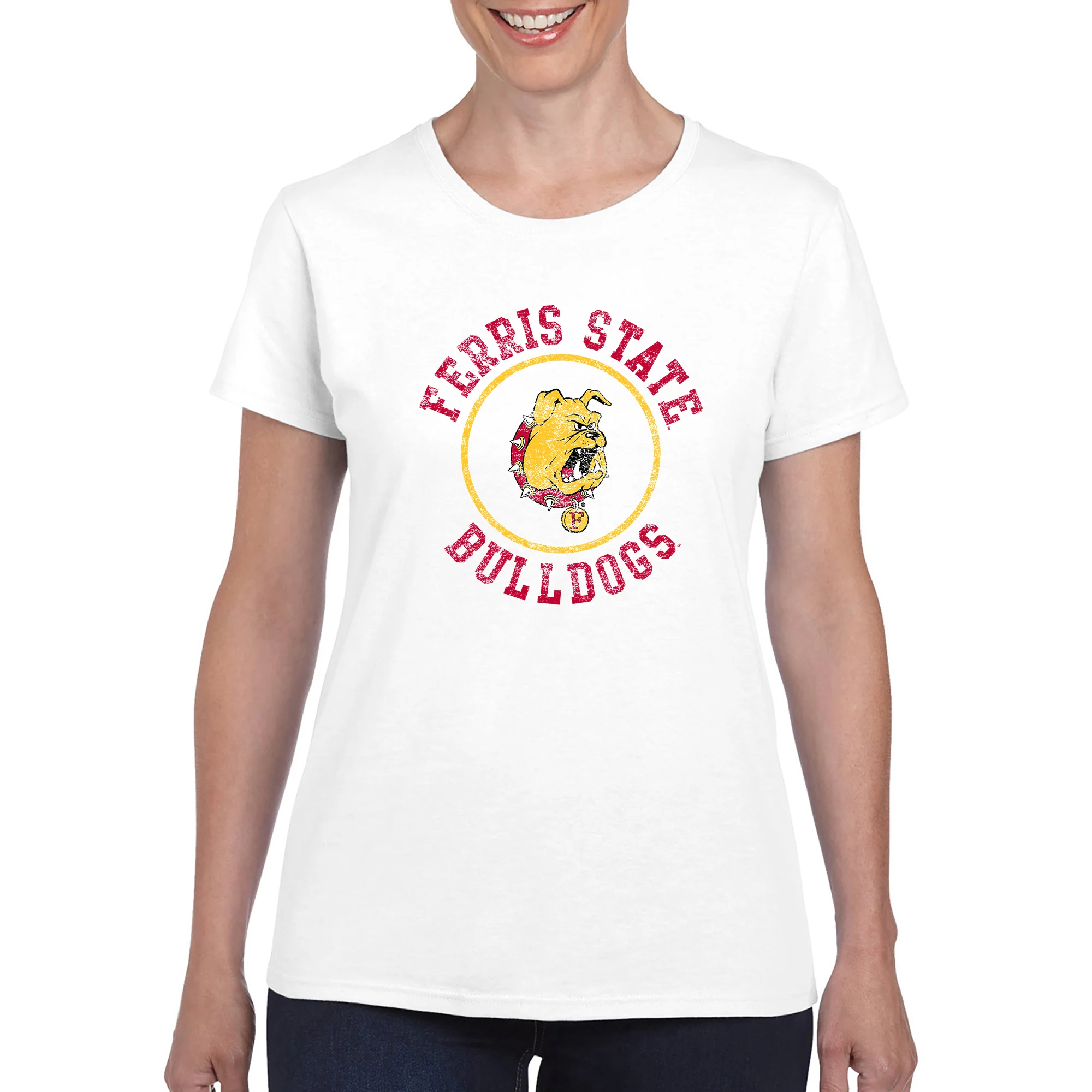 Ferris State Bulldogs Distressed Circle Logo Women's T Shirt - White - Image 4