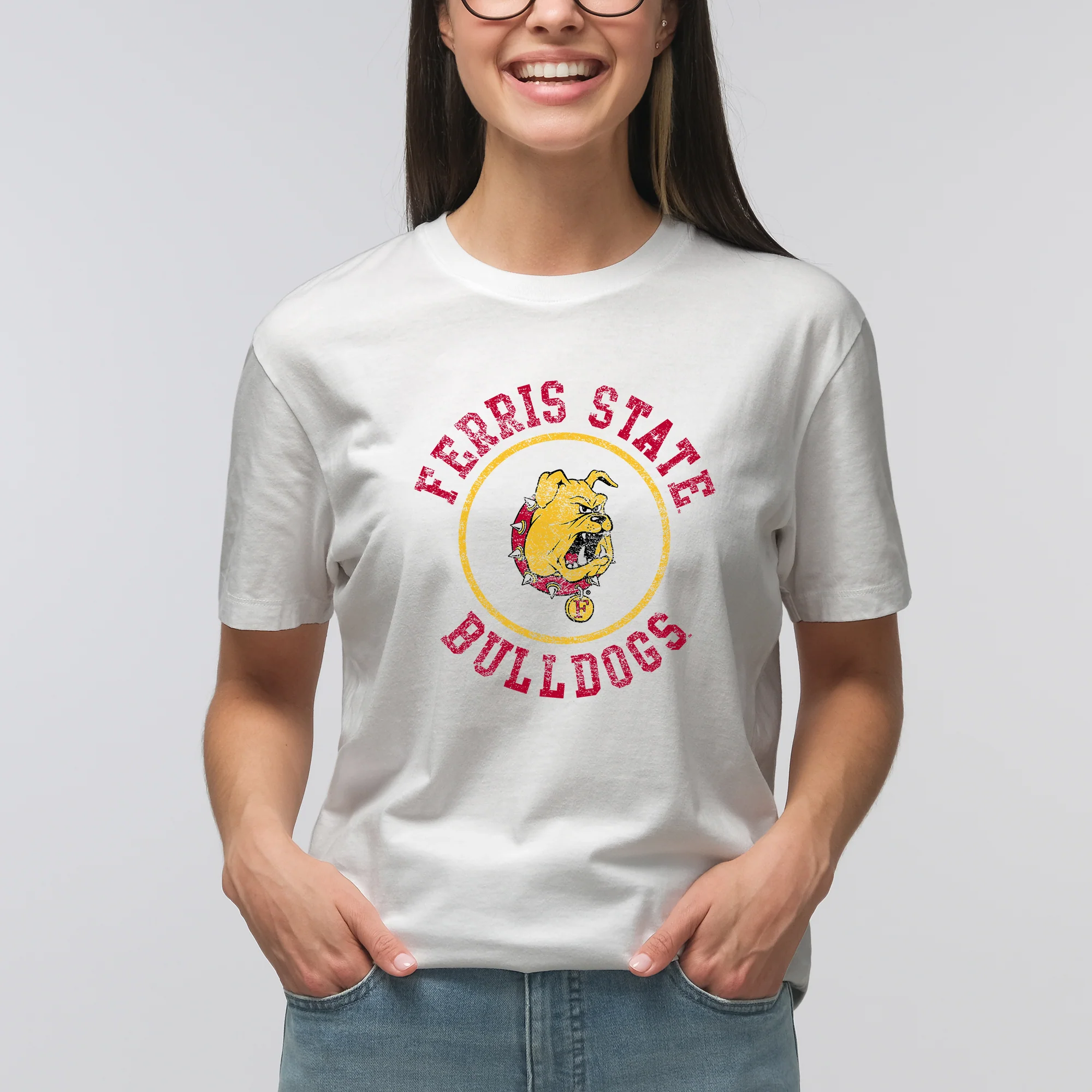 Ferris State Bulldogs Distressed Circle Logo T Shirt - White - Image 5