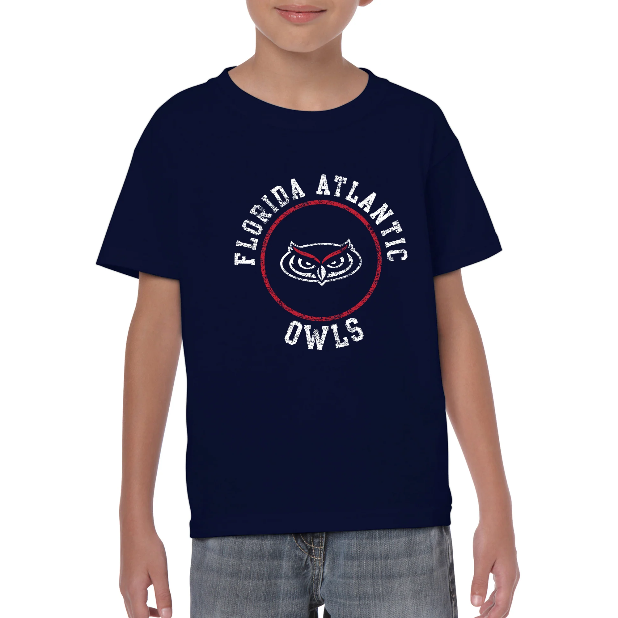 Florida Atlantic University Owls Distressed Circle Logo Youth Short Sleeve T Shirt - Navy - Image 3