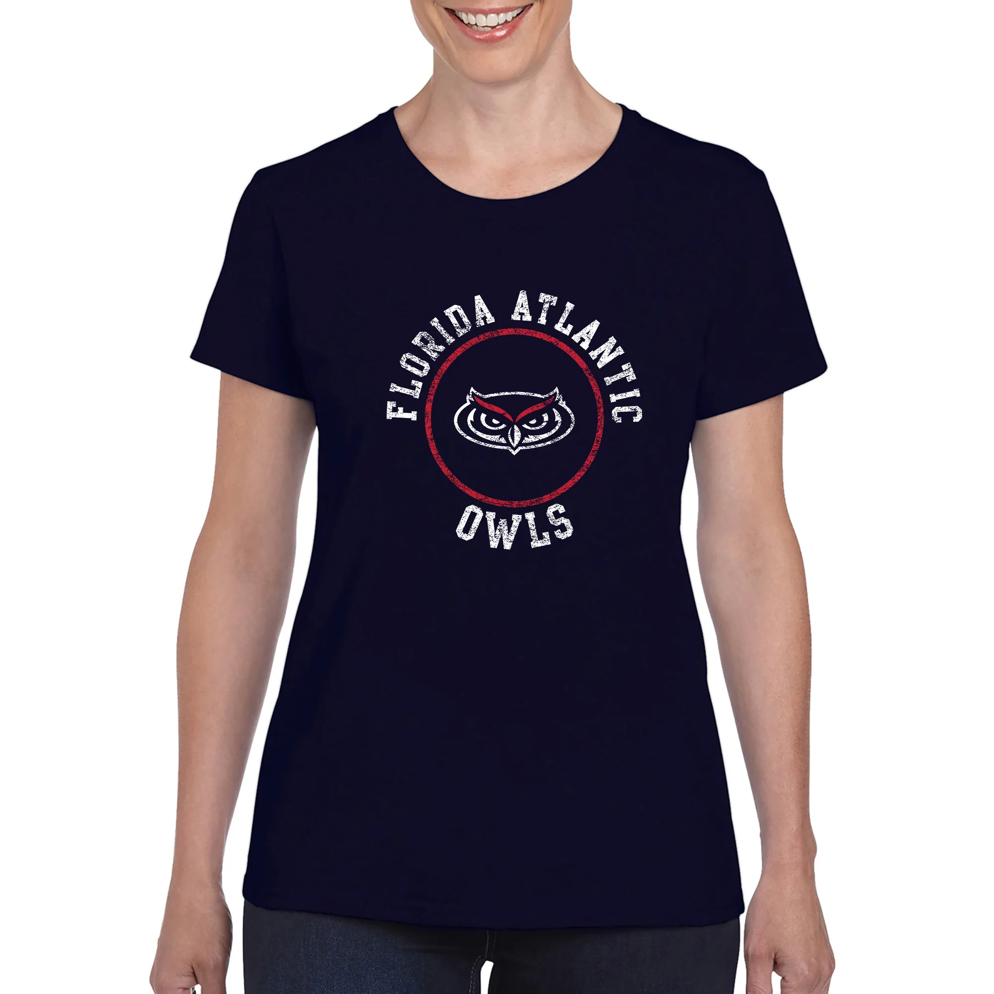 Florida Atlantic University Owls Distressed Circle Logo Women's Short Sleeve T Shirt - Navy - Image 3