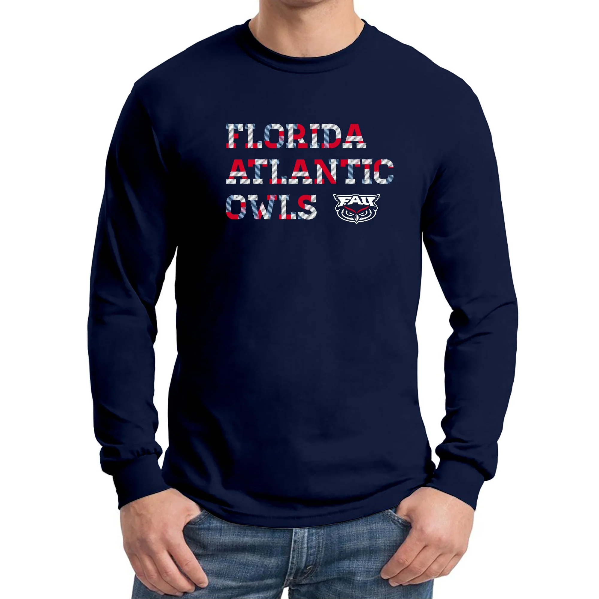 Florida Atlantic University Owls Patchwork Cotton Long Sleeve T Shirt - Navy - Image 3