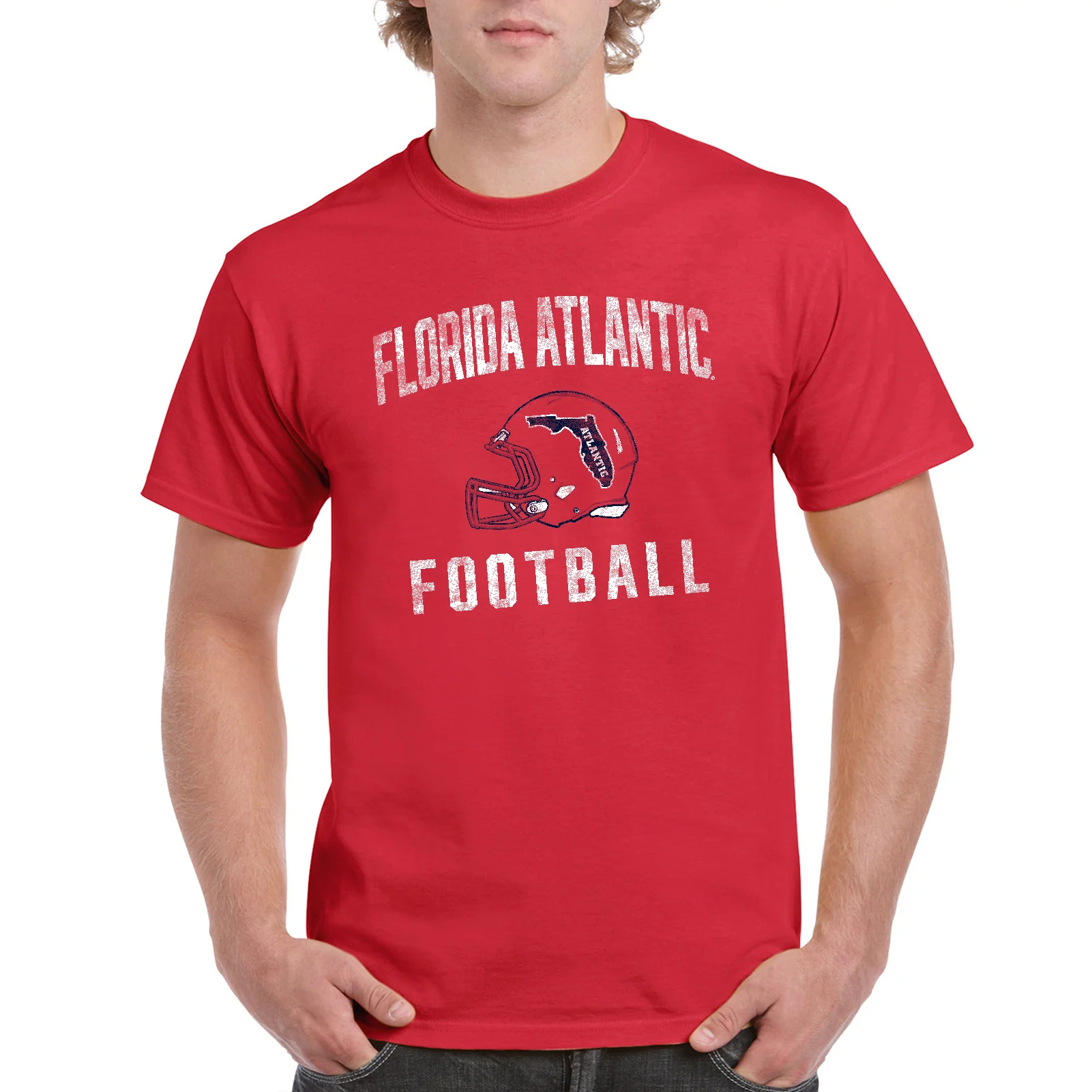 Florida Atlantic University Owls Faded Football Helmet Short Sleeve T Shirt - Red - Image 3