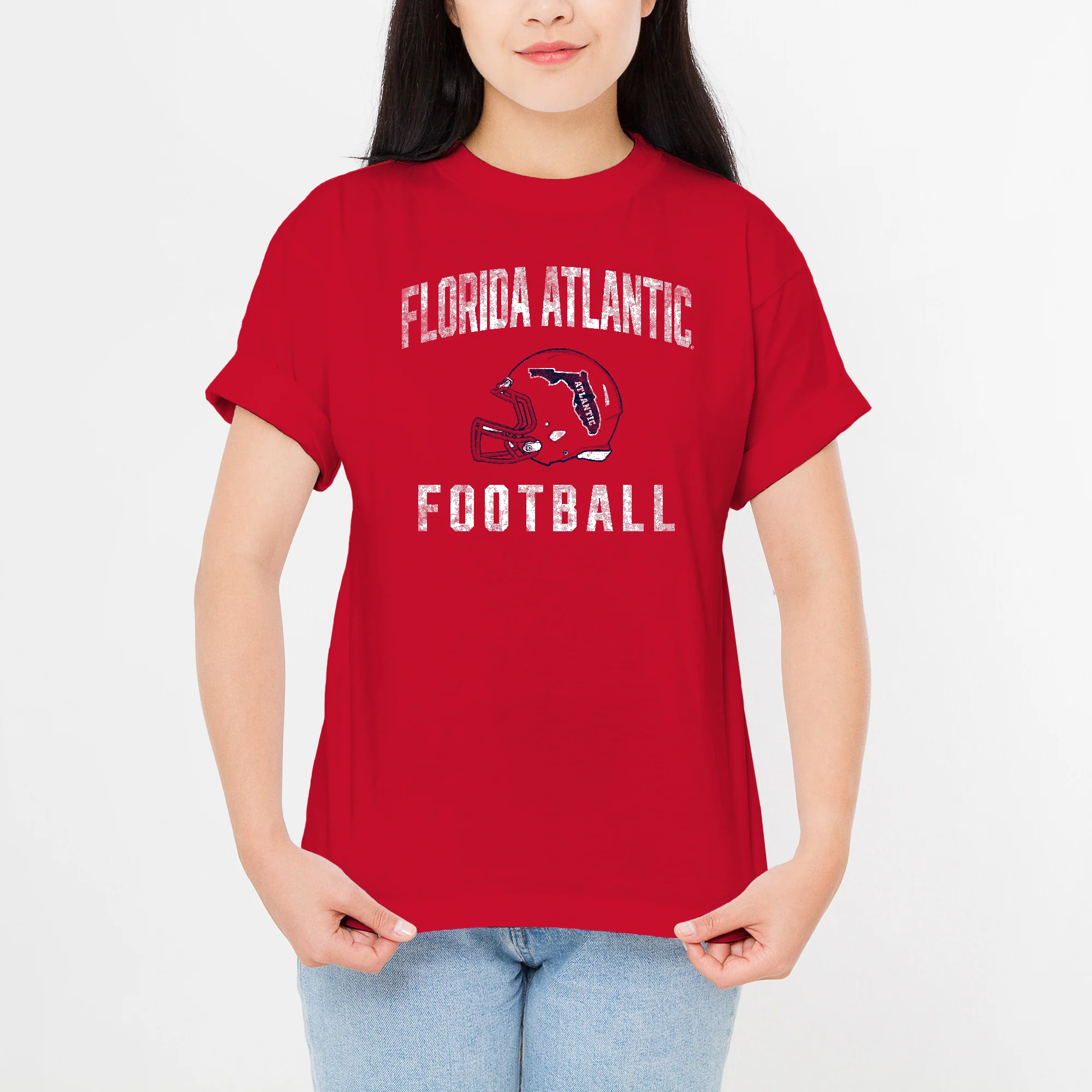 Florida Atlantic University Owls Faded Football Helmet Short Sleeve T Shirt - Red - Image 4