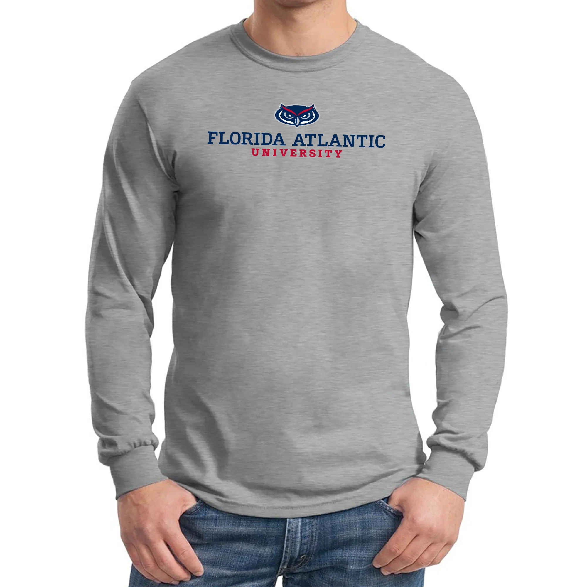 Florida Atlantic University Owls Institutional Logo Long Sleeve T Shirt - Sport Grey - Image 3