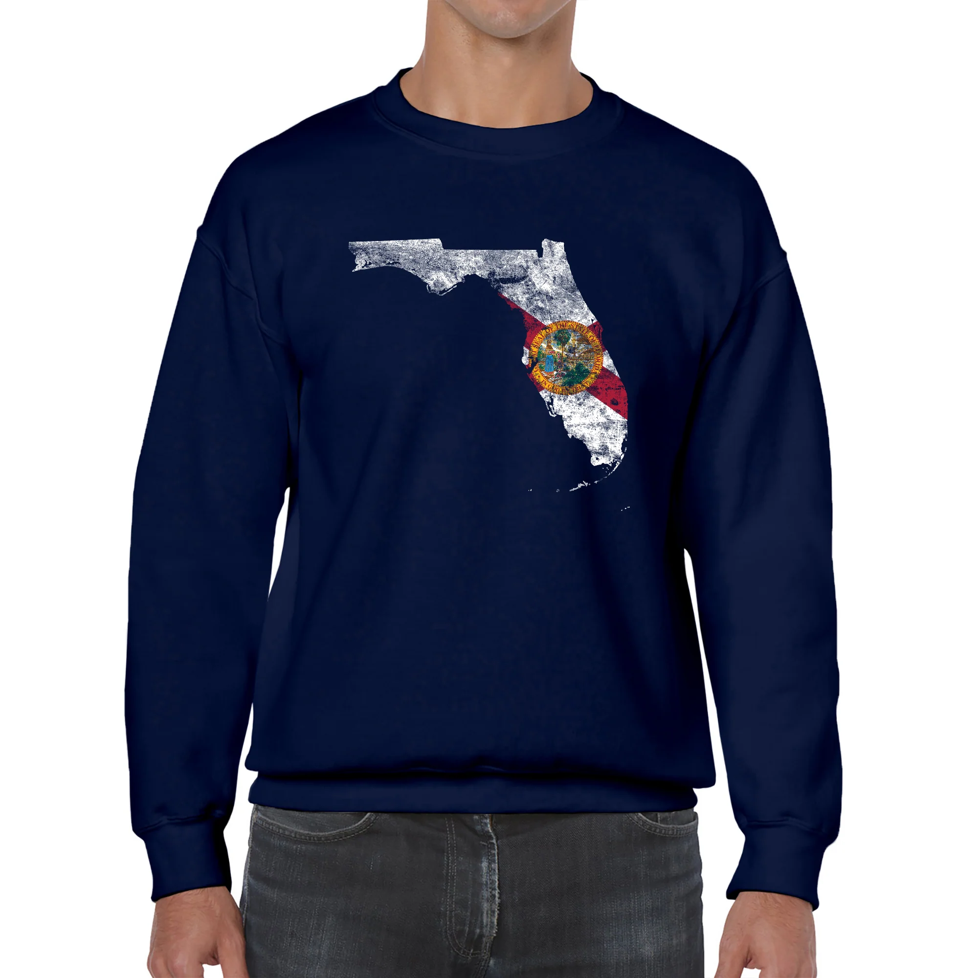 Florida Distressed State Flag Outline Crewneck Sweatshirt - Navy - Image 3
