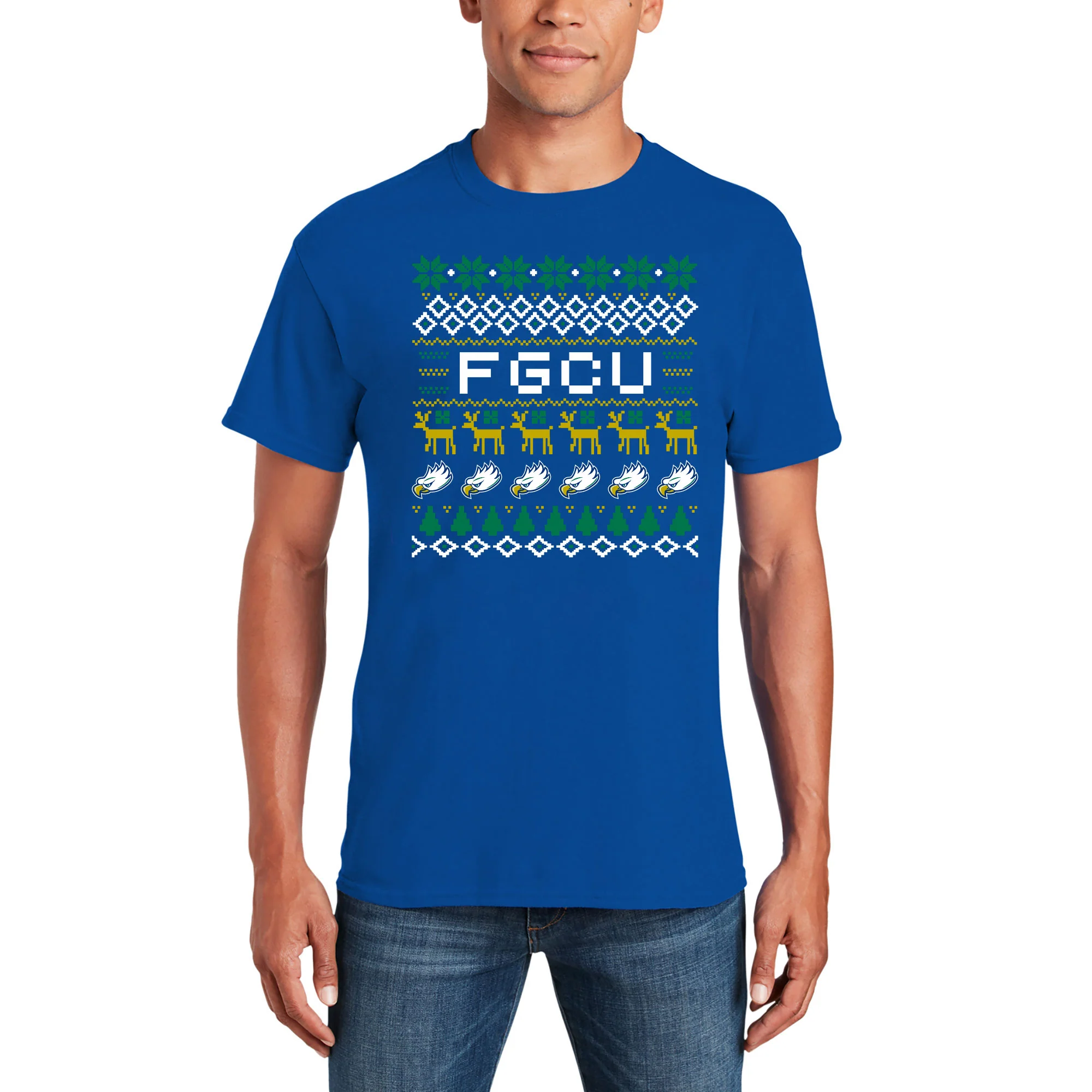 Florida Gulf Coast University Eagles Ugly Holiday Sweater Short Sleeve T Shirt - Royal - Image 3