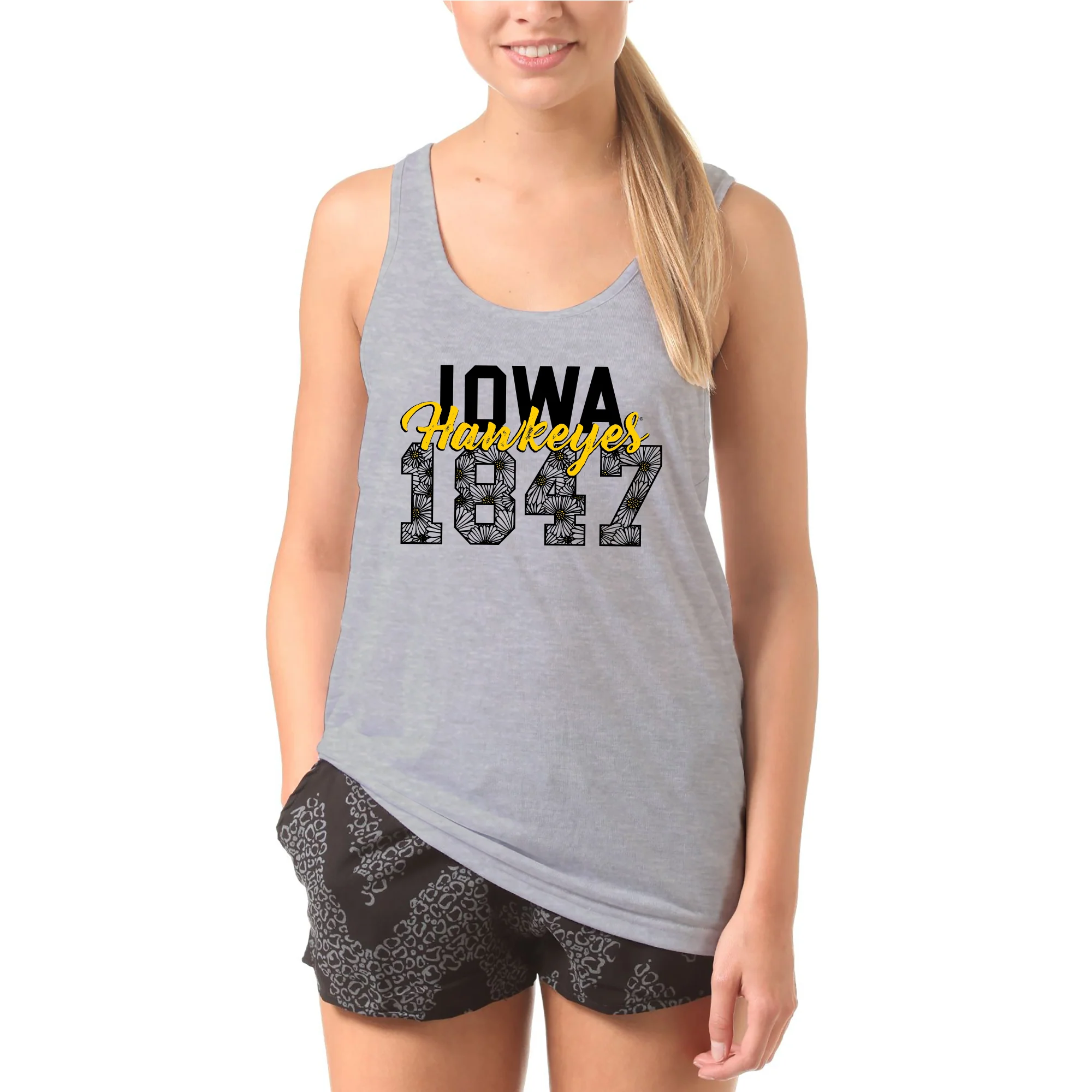 Iowa Hawkeyes Flower Power Heavy Cotton Tank Top - Sport Grey - Image 3
