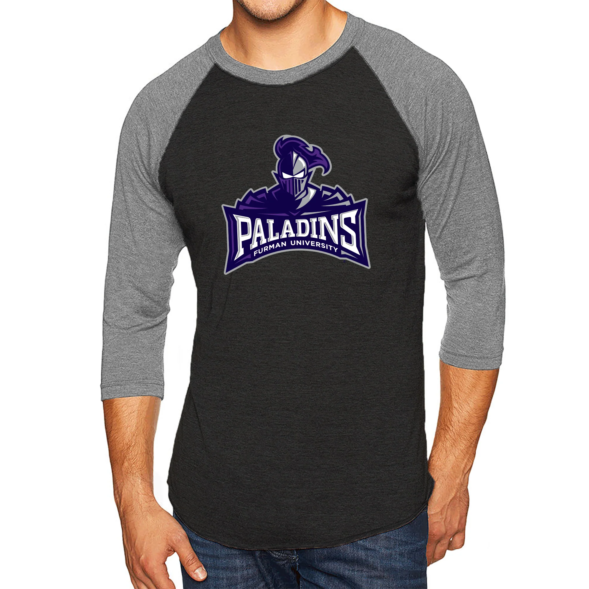 Furman Mascot Spirit Mark 3/4 Sleeve Raglan - Vtg Black / Prem Heather - Image 3