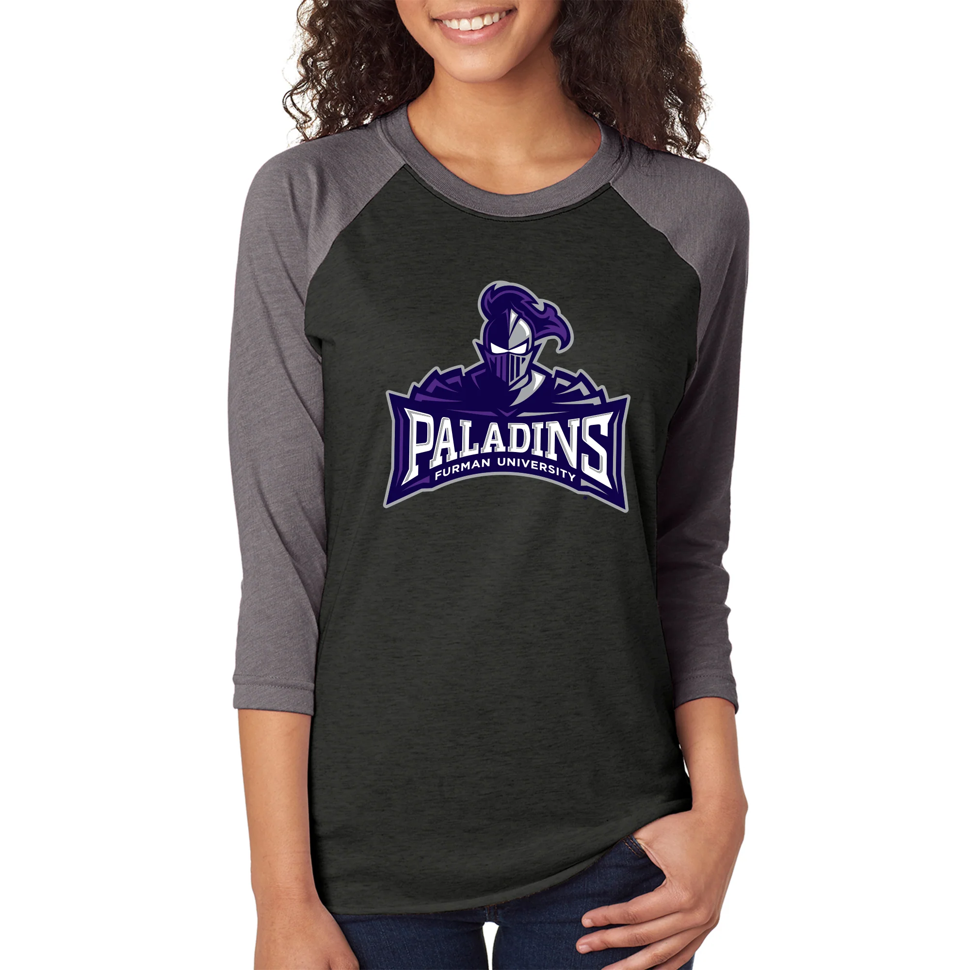 Furman Mascot Spirit Mark 3/4 Sleeve Raglan - Vtg Black / Prem Heather - Image 4