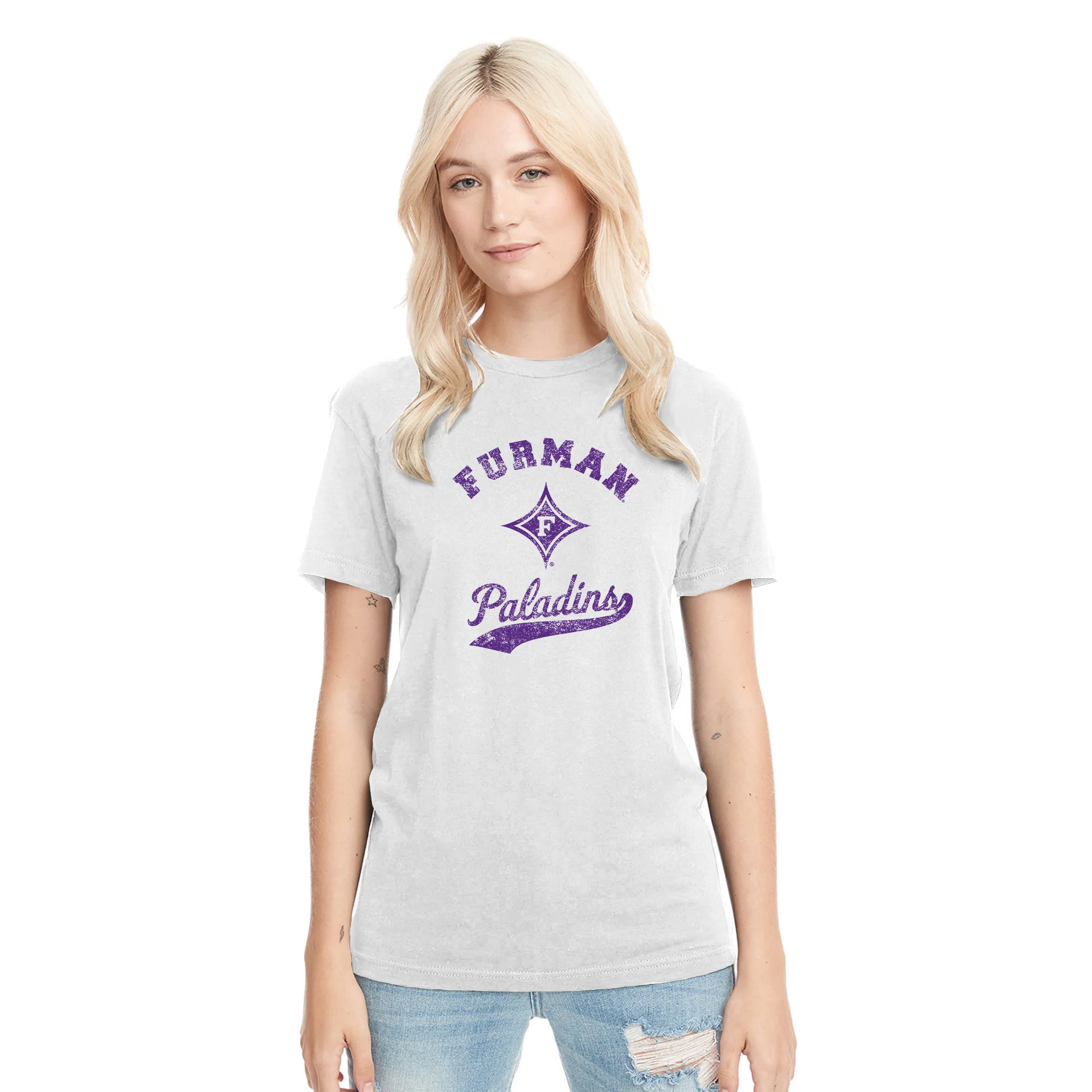 Furman Retro Script Triblend T-Shirt - Heather White - Image 4