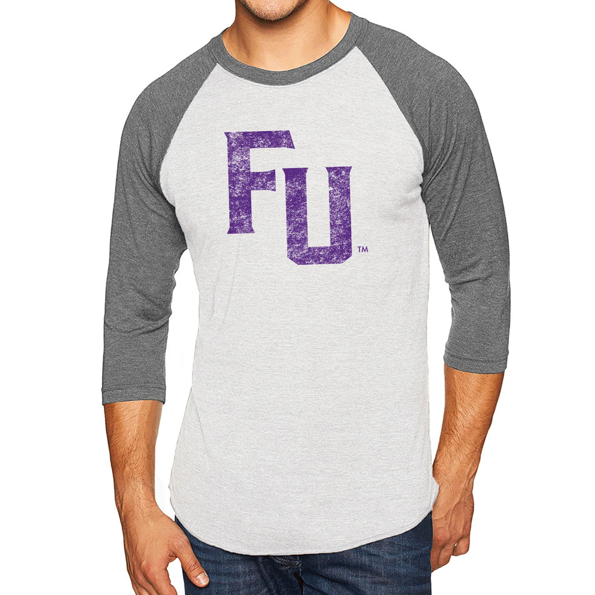 Furman University FU Distressed Raglan - Htr White / Premium Htr - Image 3