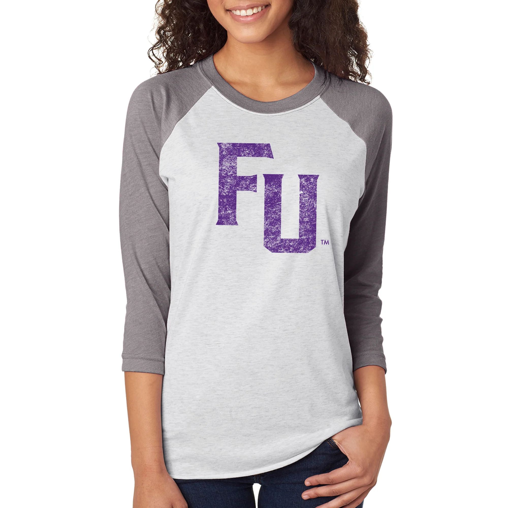 Furman University FU Distressed Raglan - Htr White / Premium Htr - Image 4