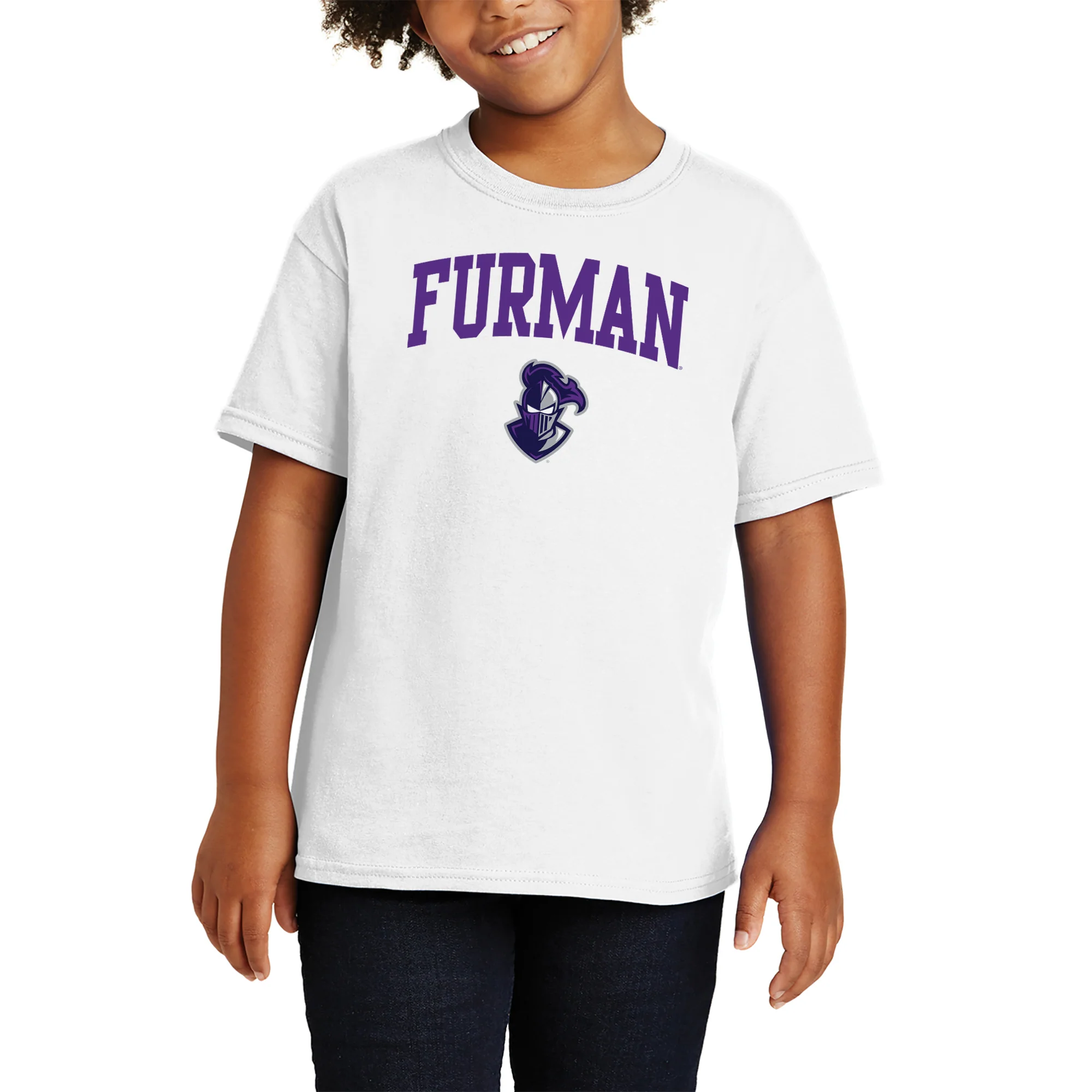 Furman University Paladins Arch Logo Short Sleeve Youth T Shirt - White - Image 4