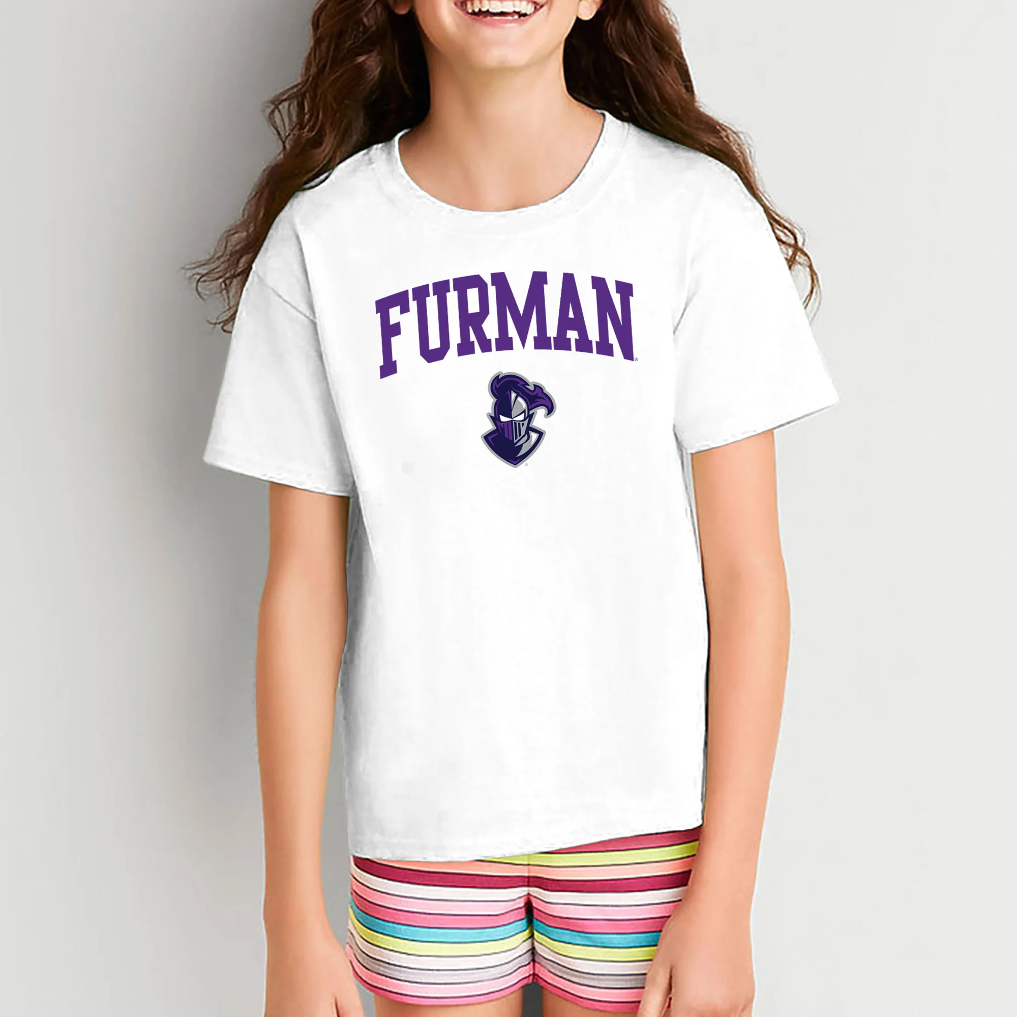 Furman University Paladins Arch Logo Short Sleeve Youth T Shirt - White - Image 5
