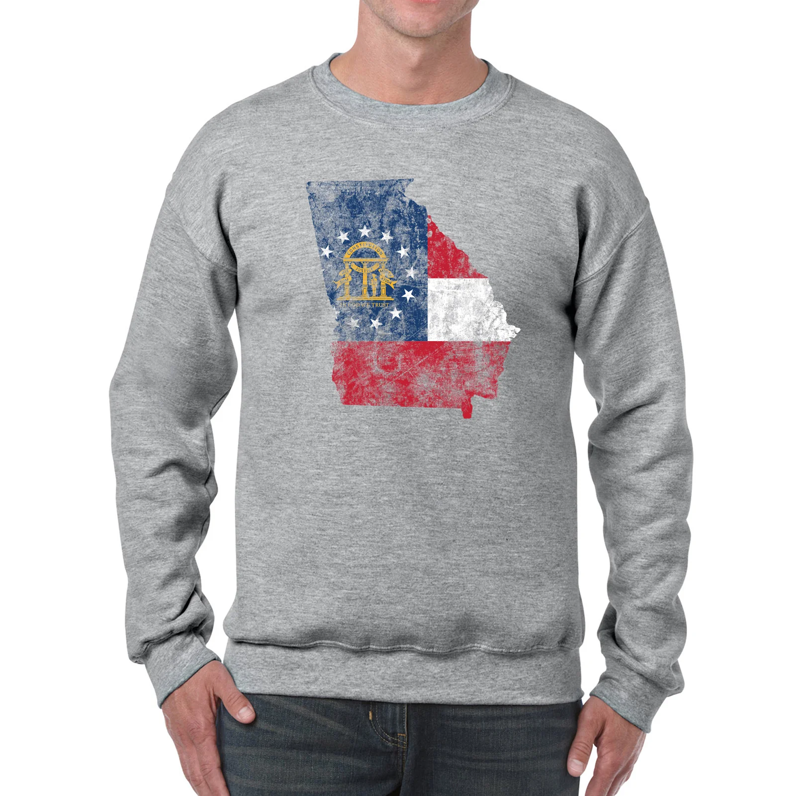 Georgia Distressed State Flag Outline Crewneck Sweatshirt - Sport Grey - Image 3