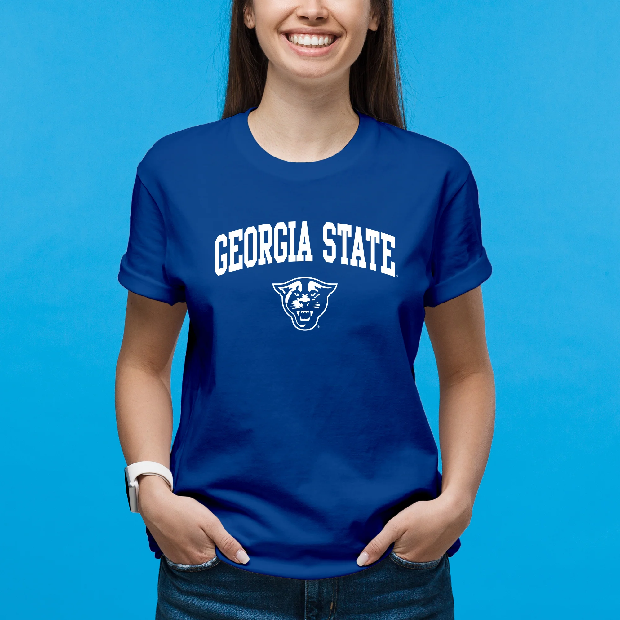 Georgia State University Panthers Arch Logo Short Sleeve T Shirt - Royal - Image 4
