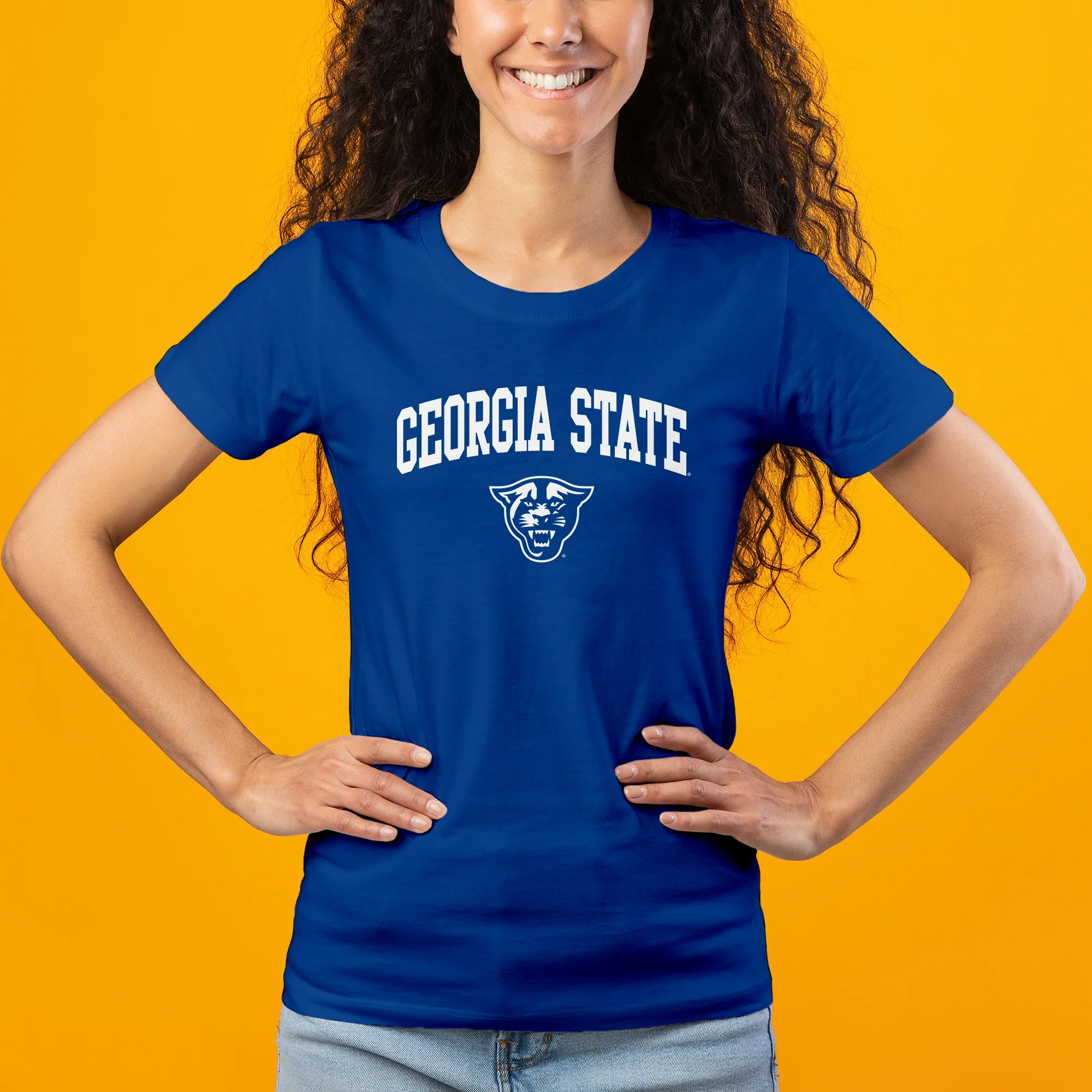 Georgia State University Panthers Arch Logo Women's Short Sleeve T Shirt - Royal - Image 4