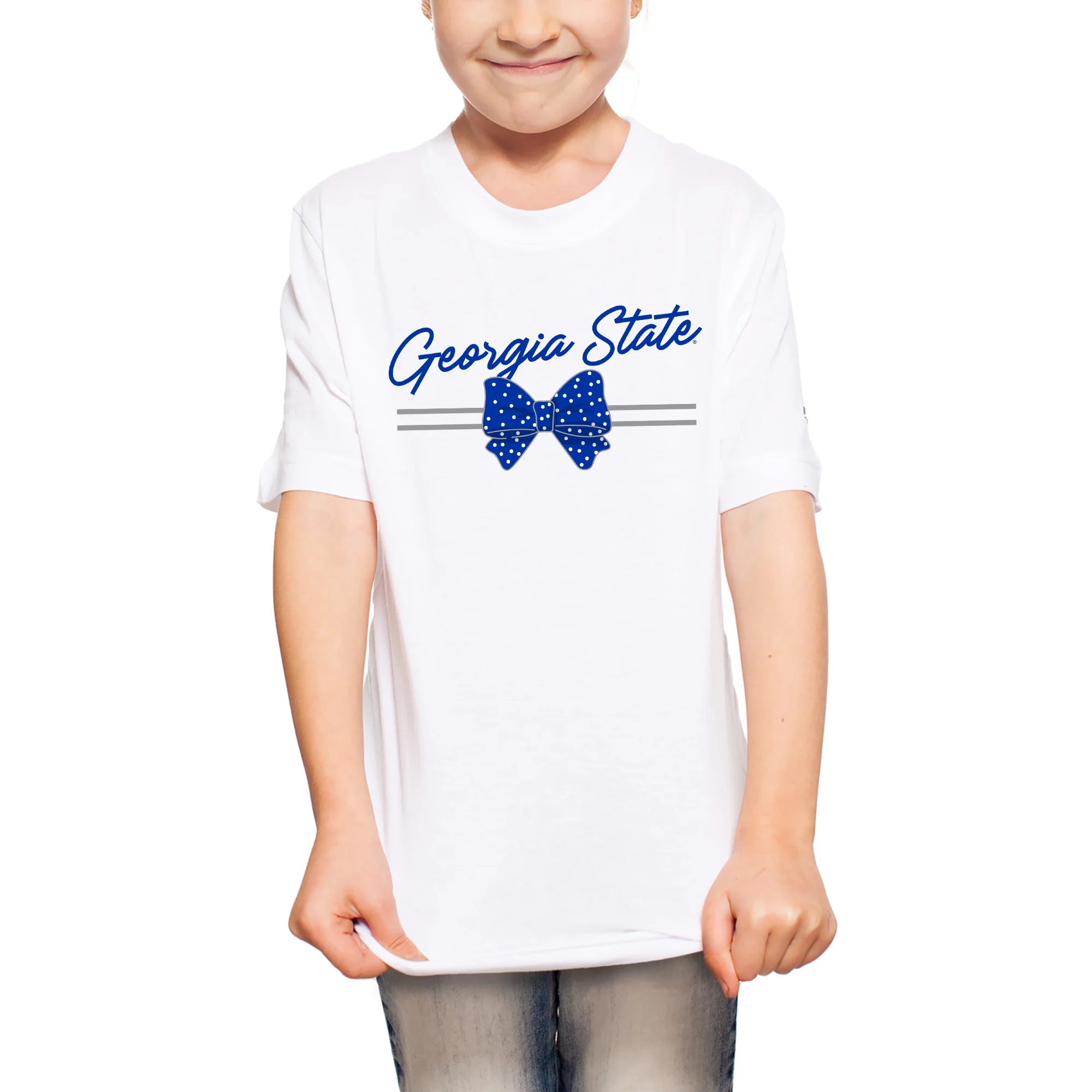 Georgia State Bow Script Youth T-Shirt - White - Image 3