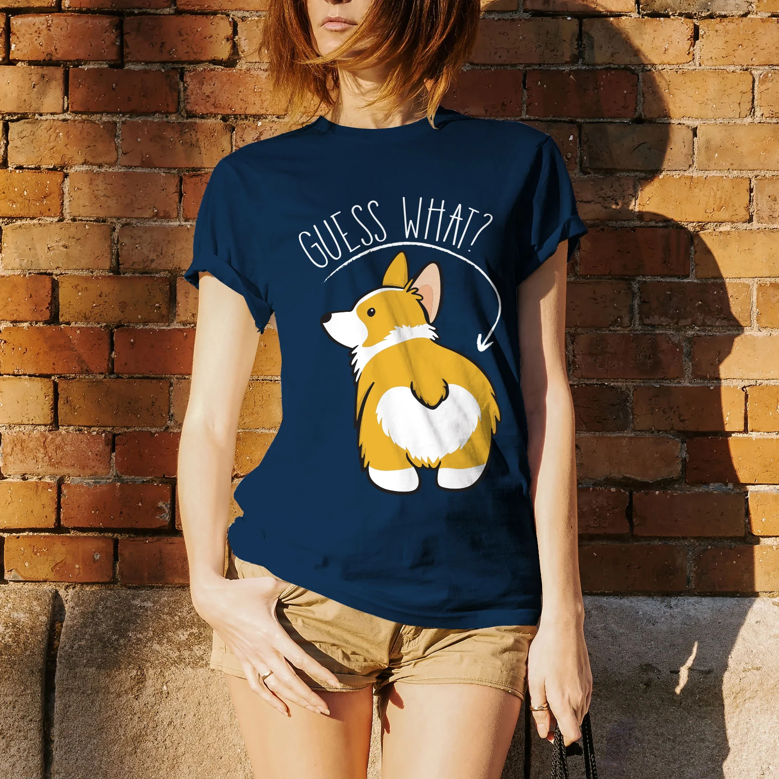 Guess What? Corgi Butt - Funny Dog Graphic T-Shirt - Navy - Image 5
