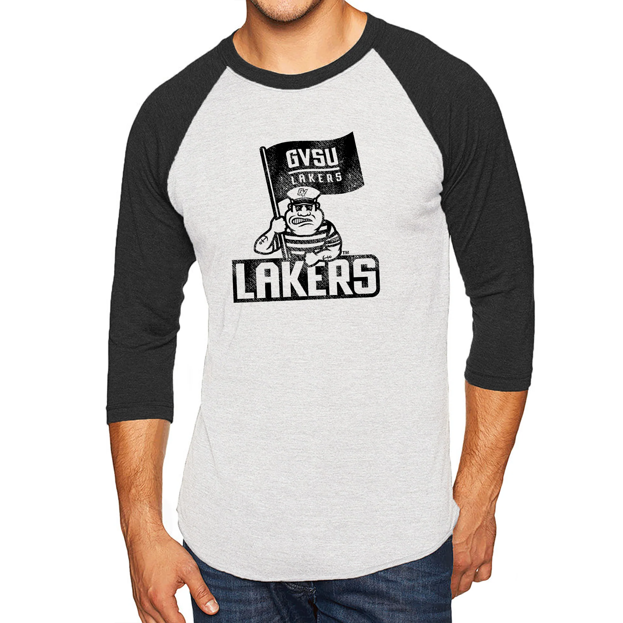 GVSU Mascot Mark NLA 3/4 Sleeve Raglan T-Shirt - Heather White / Vintage Black - Image 3