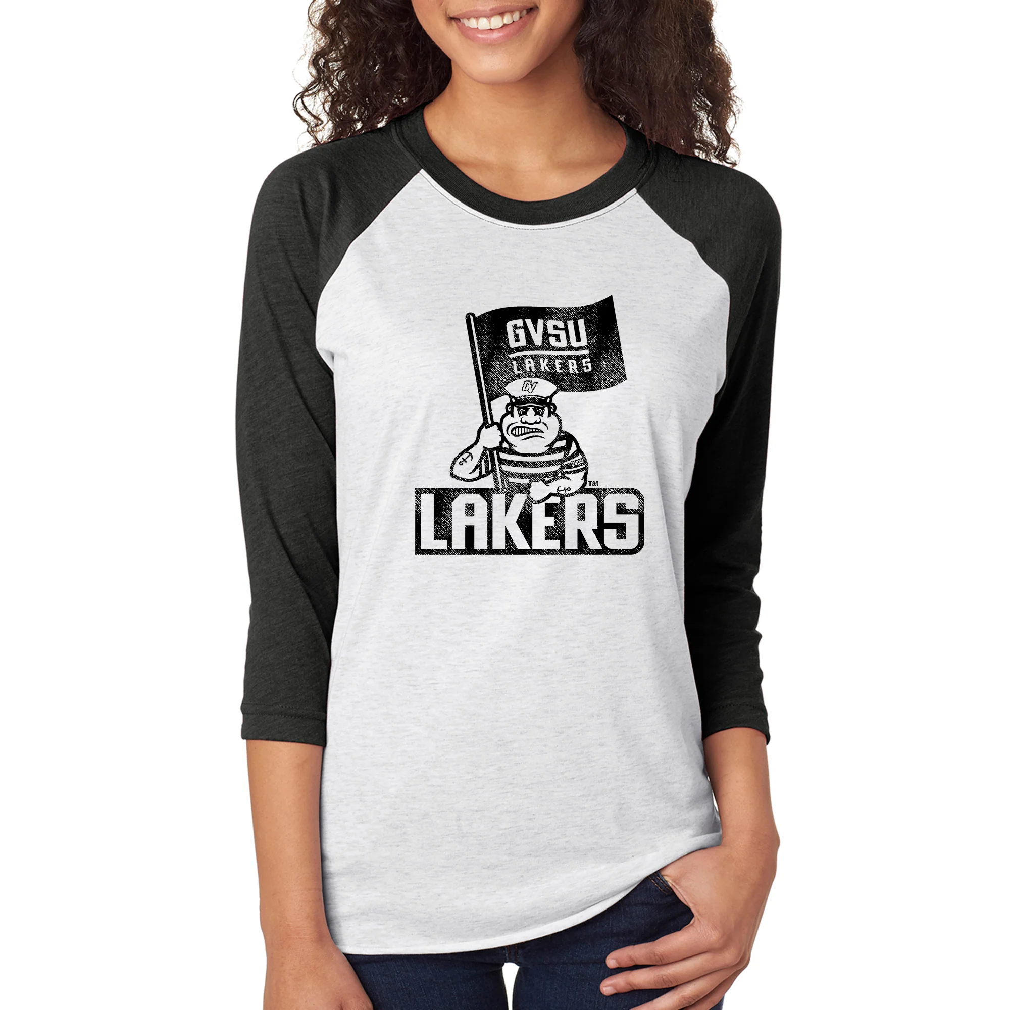 GVSU Mascot Mark NLA 3/4 Sleeve Raglan T-Shirt - Heather White / Vintage Black - Image 4