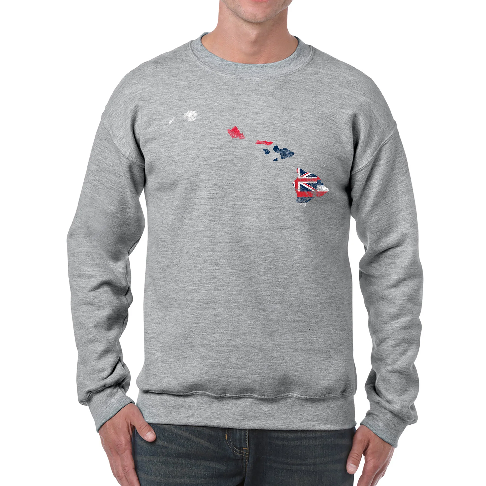 Hawaii Distressed State Flag Outline Crewneck Sweatshirt - Sport Grey - Image 3