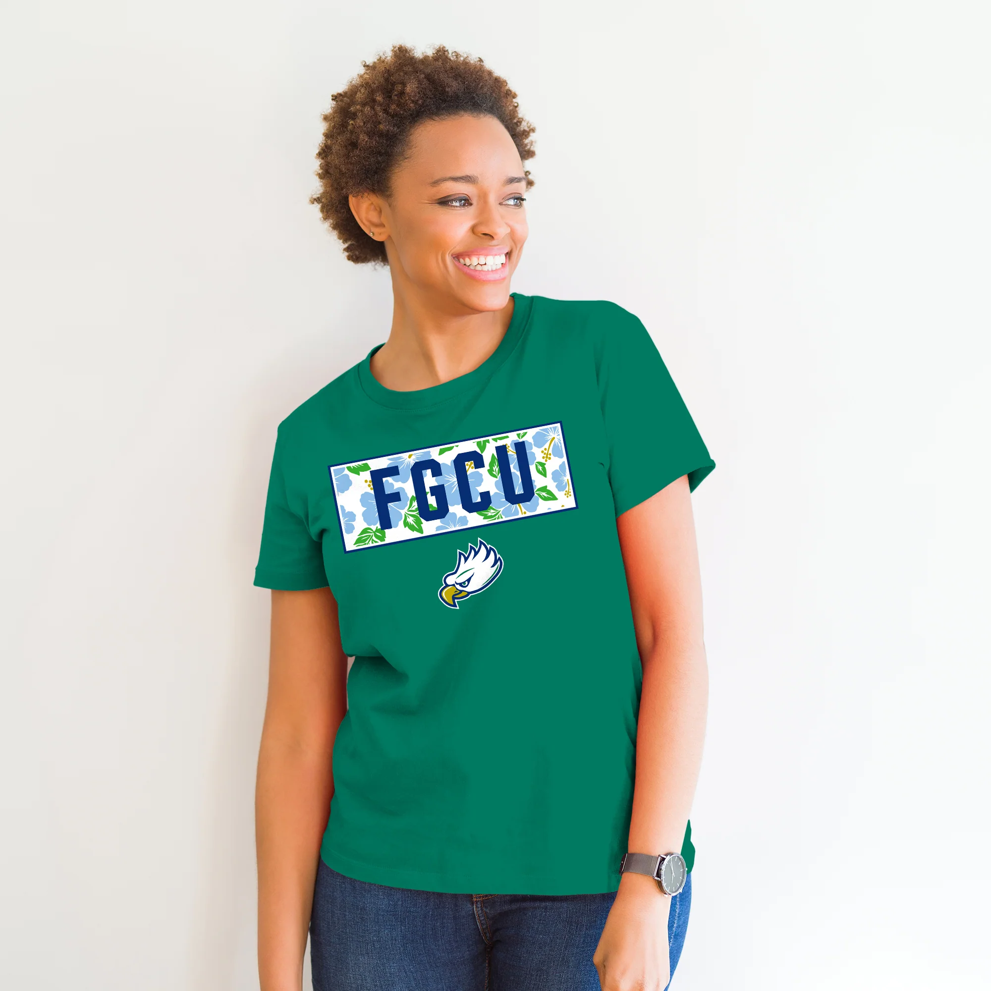 Florida Gulf Coast University Eagles Hibiscus Pattern Blocks Basic Cotton Short Sleeve T Shirt - Kelly - Image 4