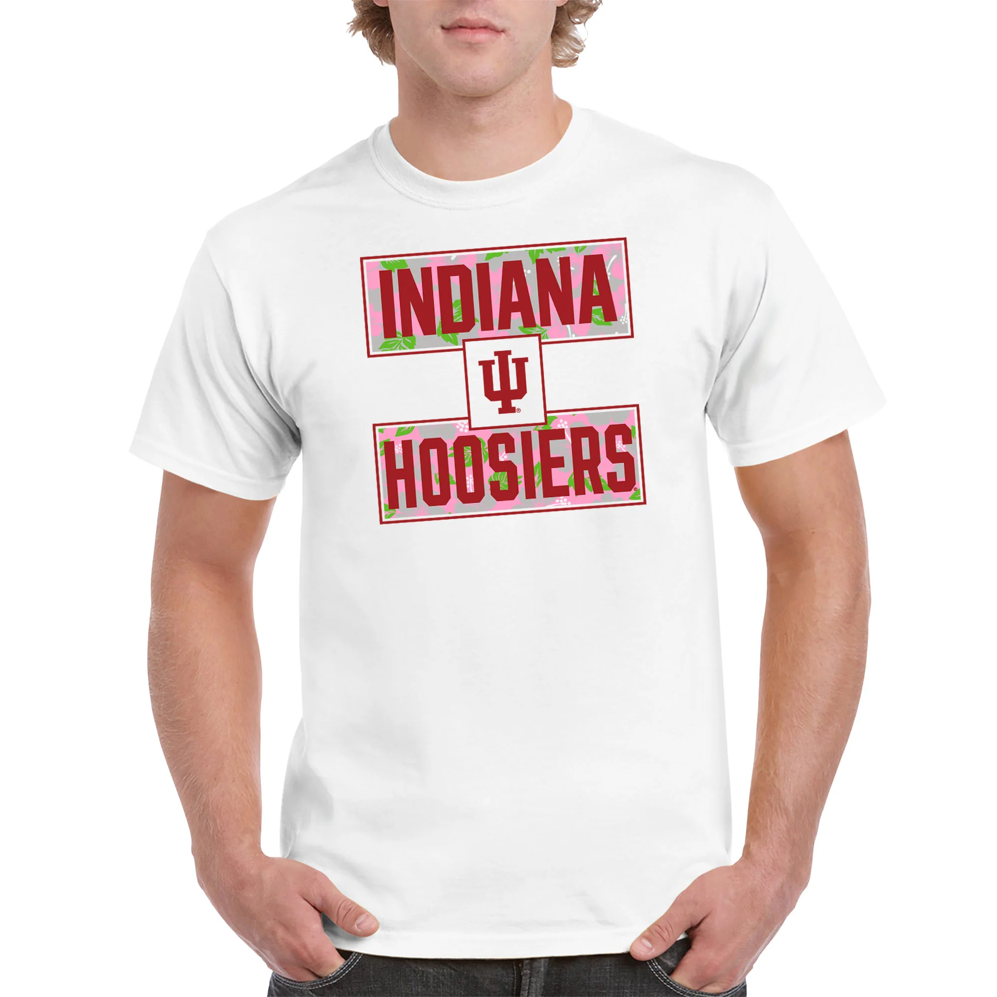 Indiana University Hoosiers Hibiscus Pattern Blocks Basic Cotton Short Sleeve T Shirt - White - Image 3